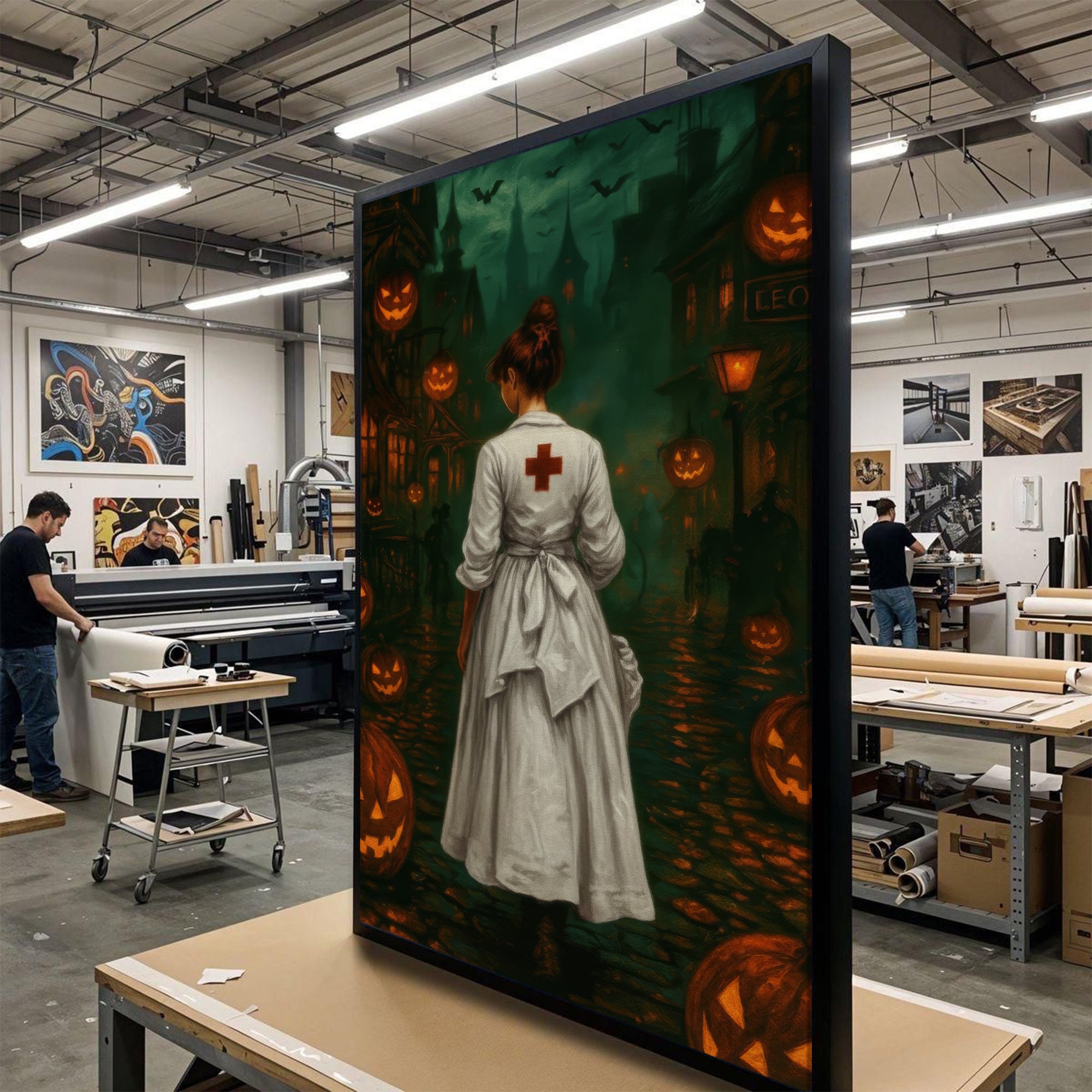 Creepy Vintage Nurse Canvas for Halloween, Haunted Street & Glowing Pumpkin, RN LPN CNA Gift