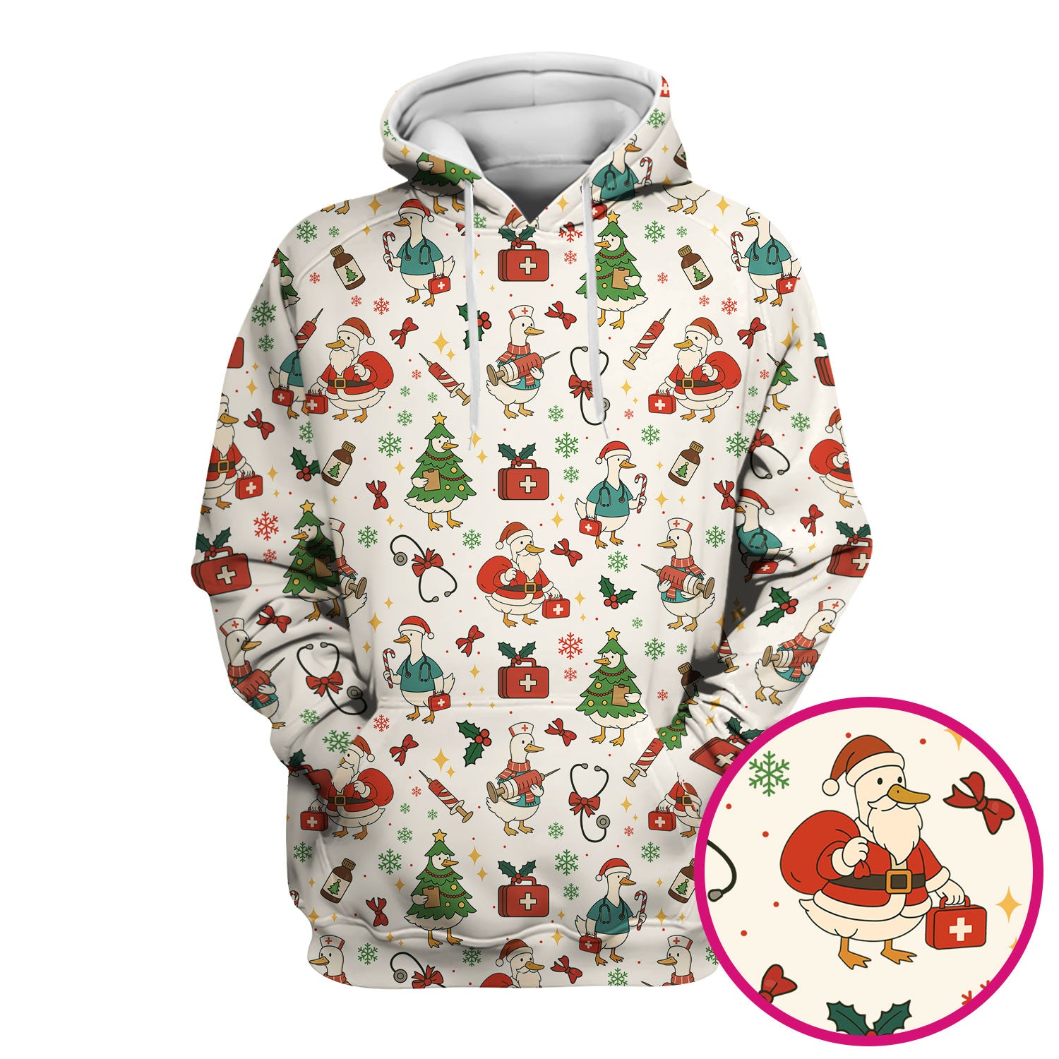 Funny Christmas Duck Nurse Scrub Top - Cute Santa Pattern Holiday Shirt for Women - Festive Nursing Outfit Gift for RN LPN CNA