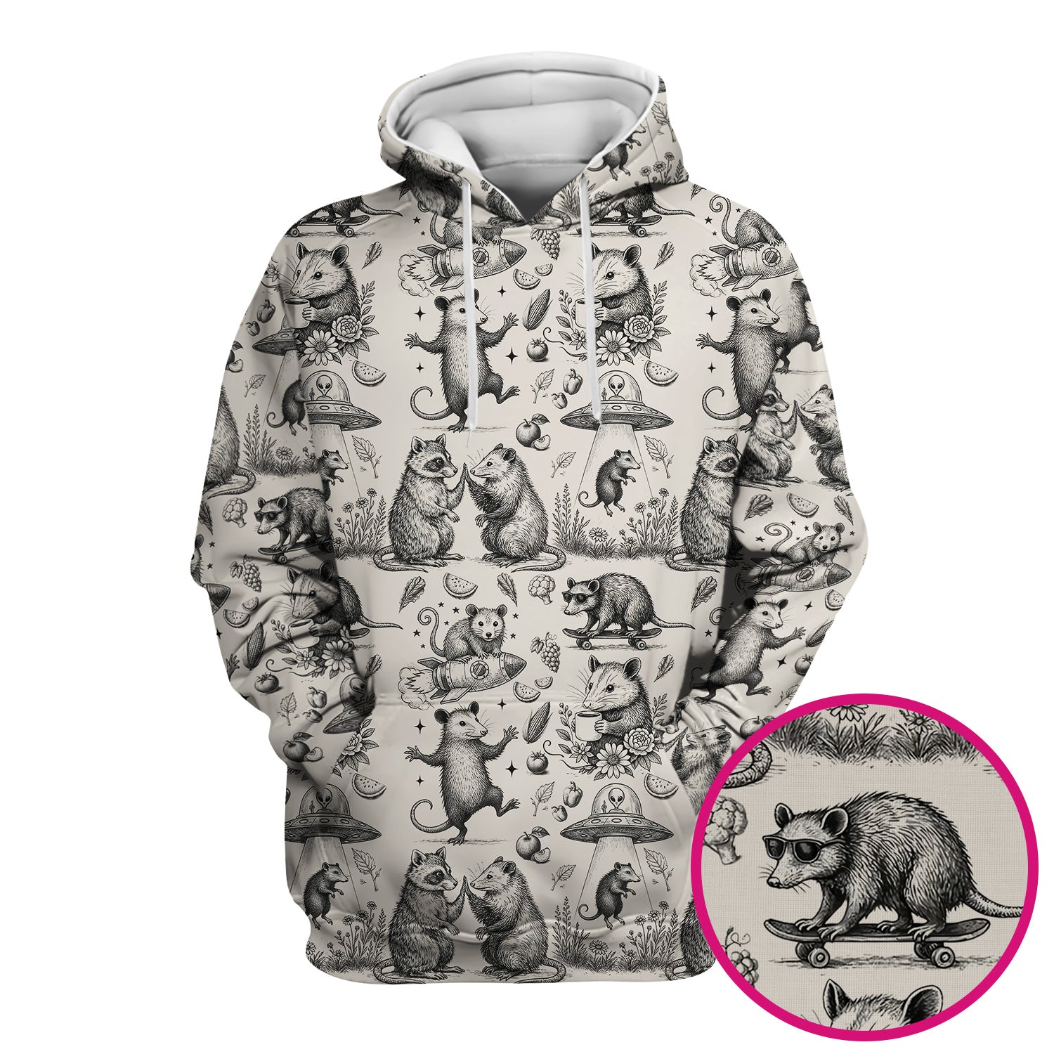 Funny Nurse Vintage Possum Raccoon High Five UFO Pattern Scrub Top, Breathable Fabrics Nursing Uniform