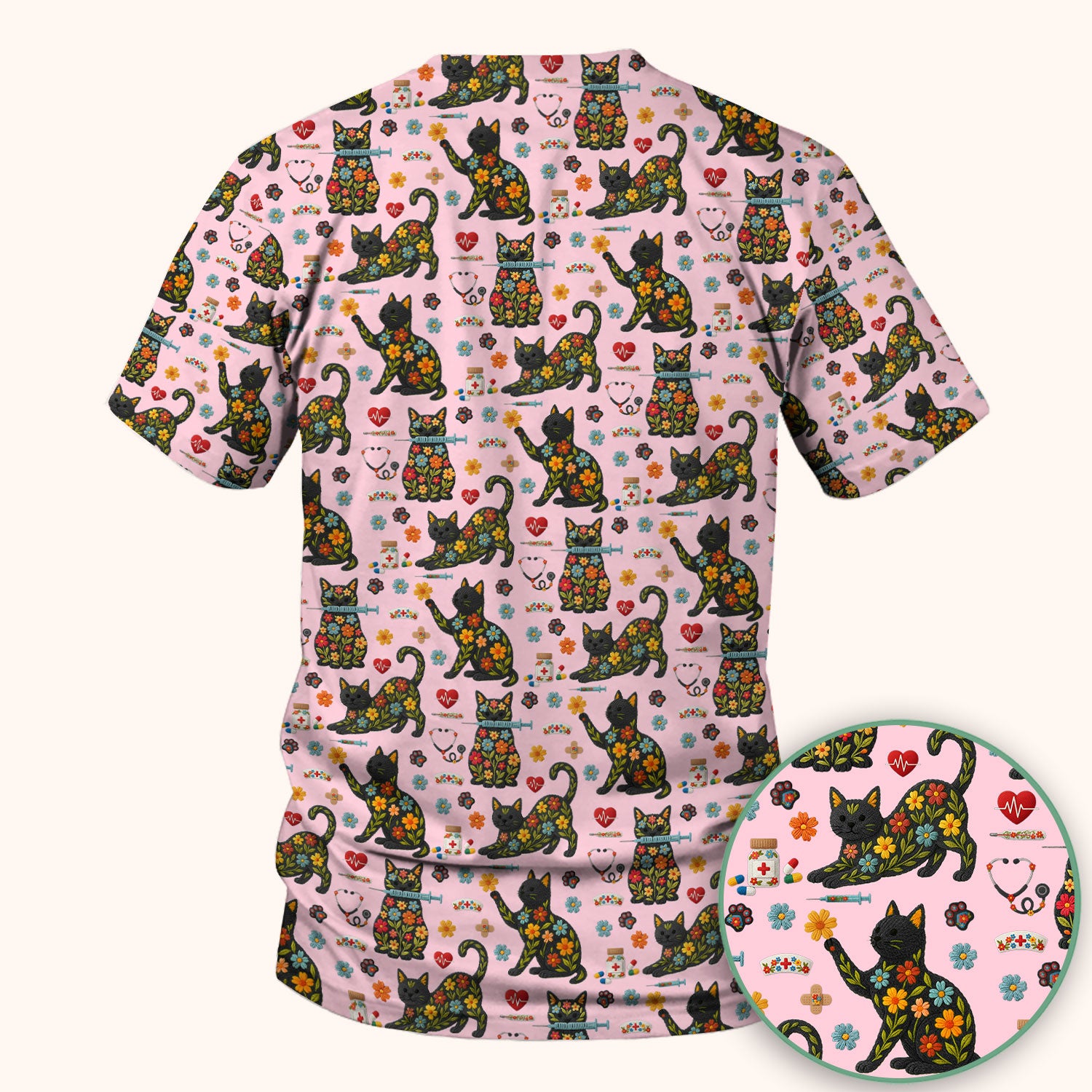 Floral Black Cat Pattern Scrub Top, Cute Cat Nurse Scrub Shirt, Medical Nursing Uniform