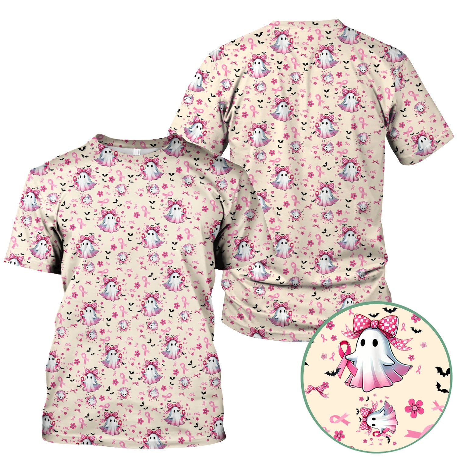 Breast Cancer Awareness Ghost Scrub Top for Women - Pink Ribbon Halloween Nurse Shirt - Cute Spooky Medical Uniform RN LPN CNA Gift
