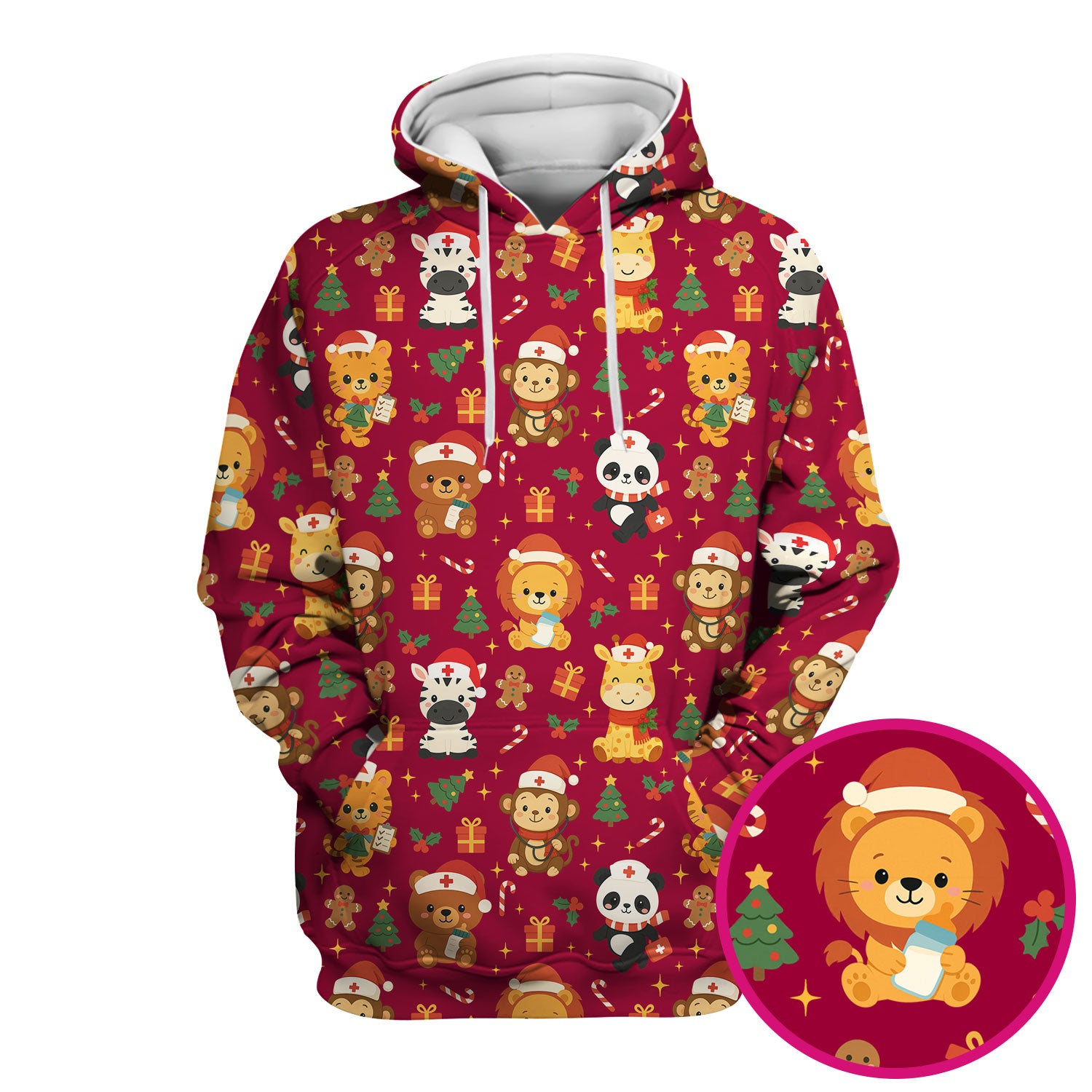 Funny Christmas Nurse Scrub Top - Adorable Safari Animal Pattern - Cute Festive Gift for Women RN LPN CNA