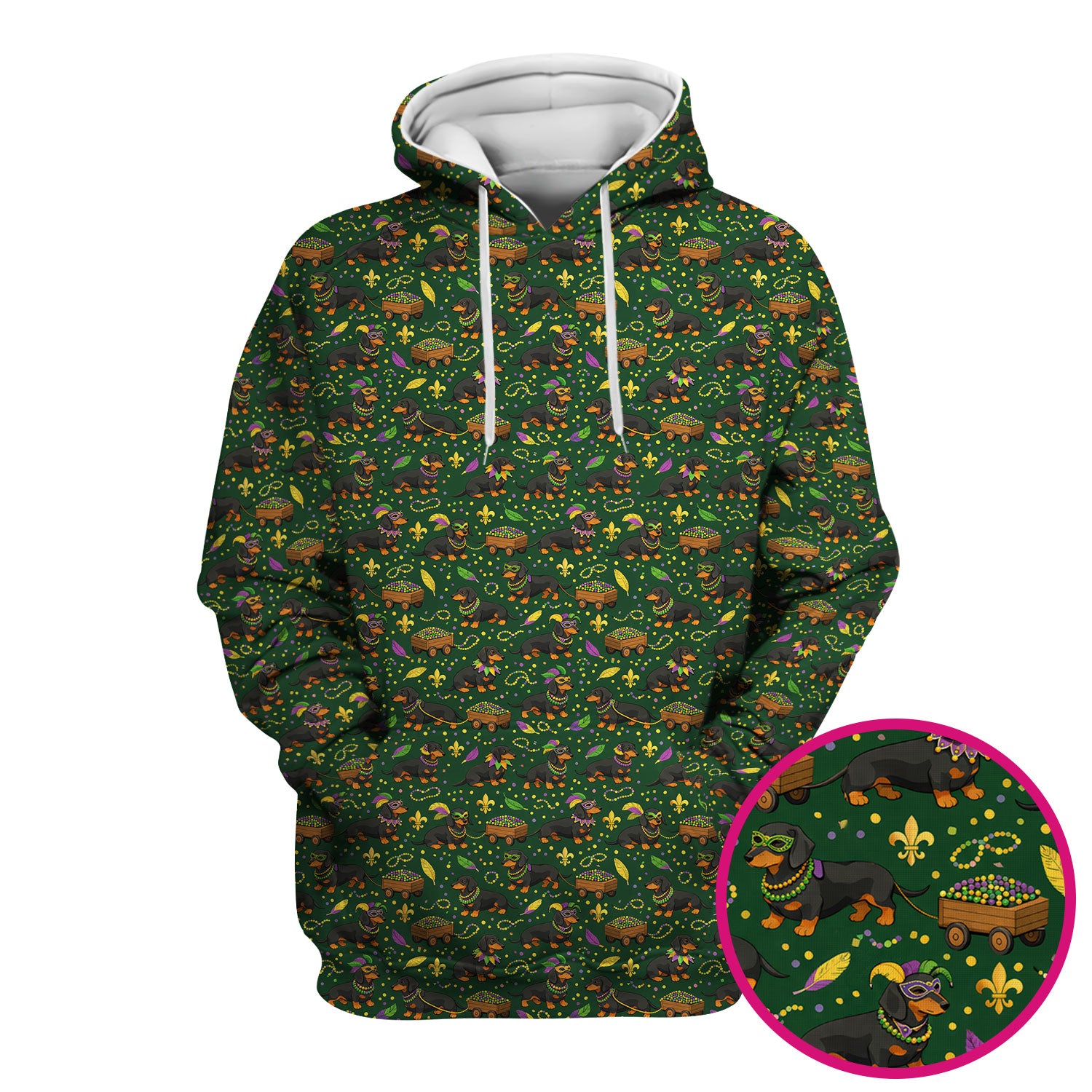 Funny Mardi Gras Dachshund Scrub Top, Festival Wiener Dog Pattern Nurse Shirt, Breathable Fabrics Nursing Uniform