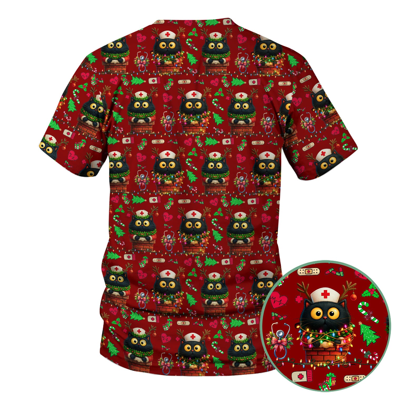 Christmas Black Cat Scrub Top for Nurse - Cute Reindeer Cat with Xmas Lights - Festive Holiday Medical Uniform for Women