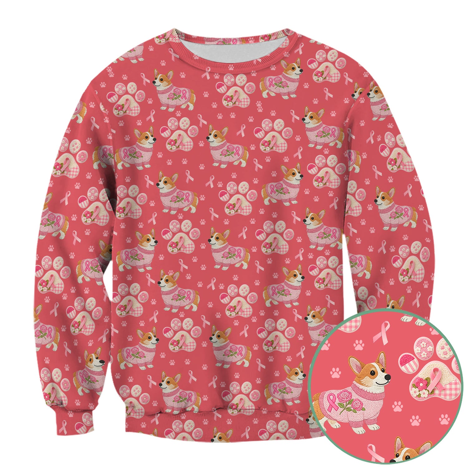 Floral Corgi Scrub Top for Women - Cute Dog Paw Print with Pink Ribbon Shirt - Breast Cancer Awareness October Gift