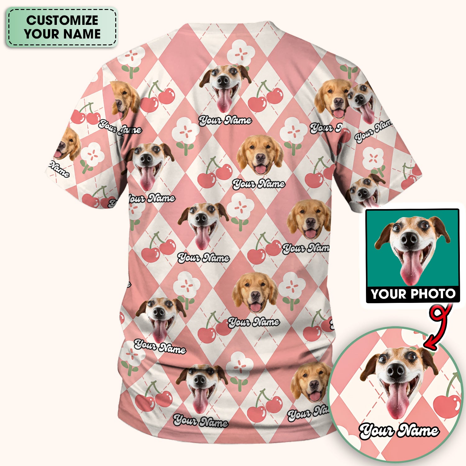 Custom Dog Face Scrub Top, Playful Dog Cherry Argyle Pattern Shirt, Comfortable Scrubs for Nurses