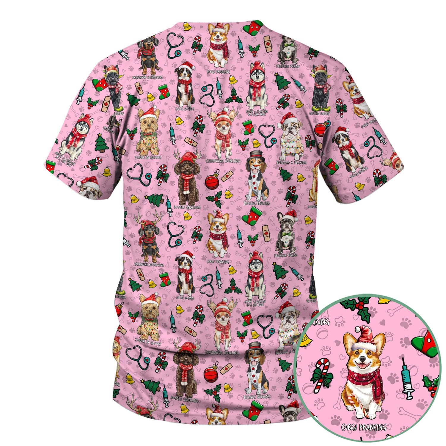 Christmas Dog Scrubs for Nurses – Dachshund, Husky, Poodle, Corgi & Labrador Holiday Scrub Top – Funny Santa Pattern Medical Shirt