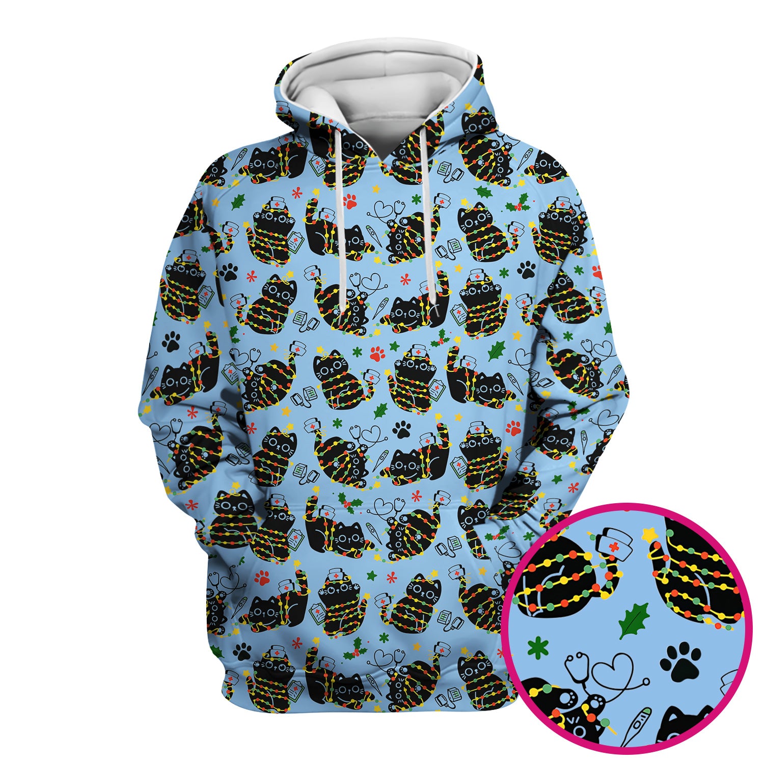 Black Cat Christmas Scrub Top – Nurse & Holiday Lights Pattern Shirt – Cute Medical Uniform For Nursing