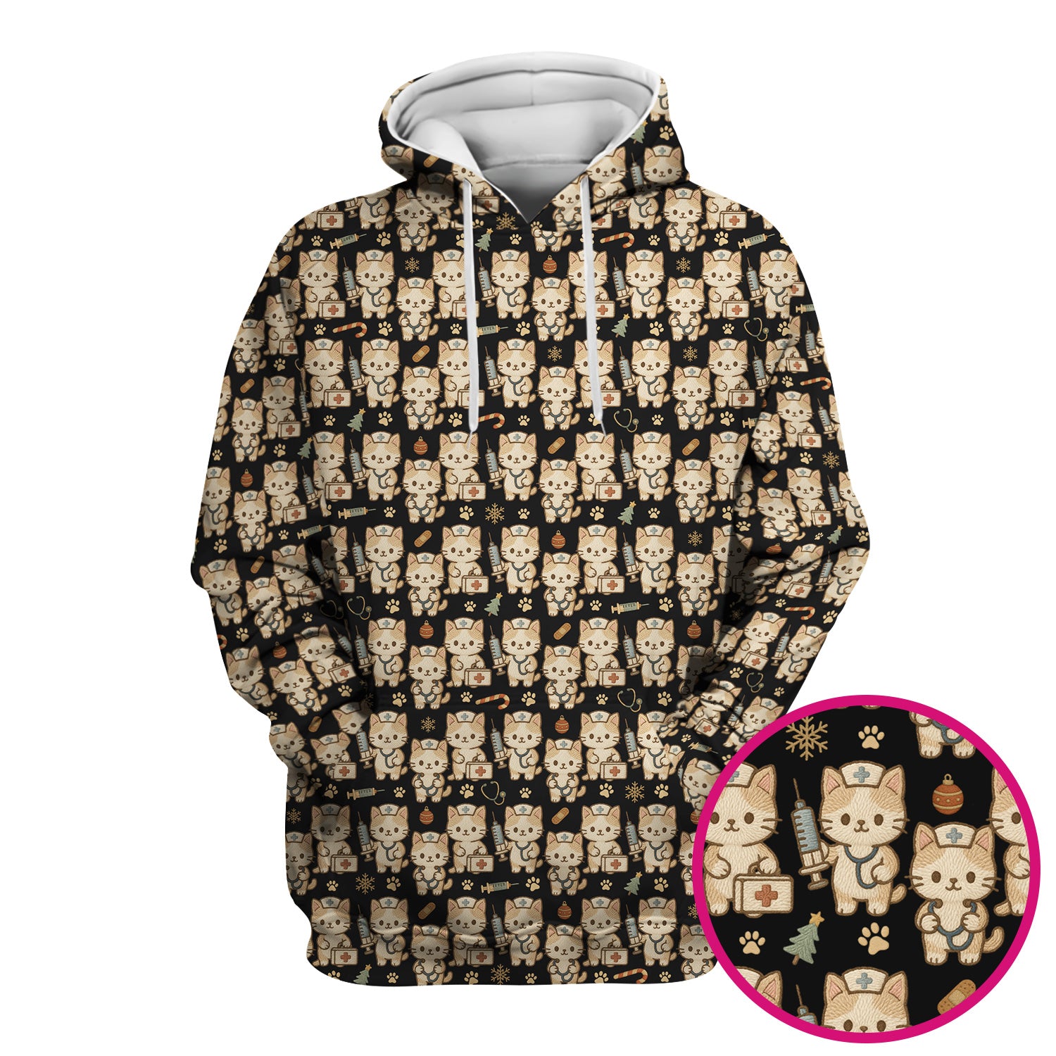 Cute Cat Nurse Christmas Scrub Top, Kawaii Kitty Medical Pattern Shirt, Breathable Fabrics Nursing Uniform