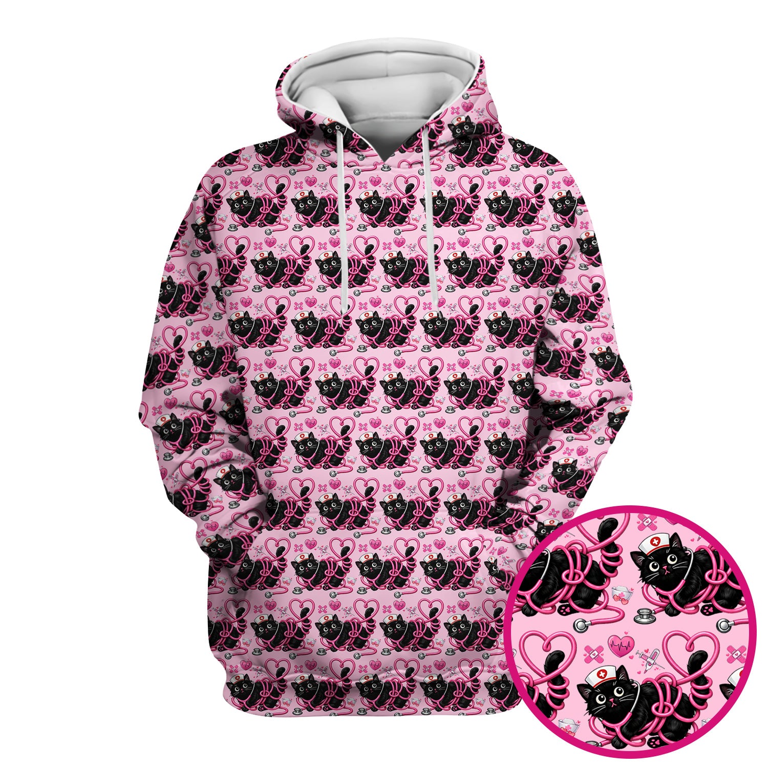 Valentine Cute Cat Nurse Heart Print Scrub Top, Comfortable Scrubs for Nurses