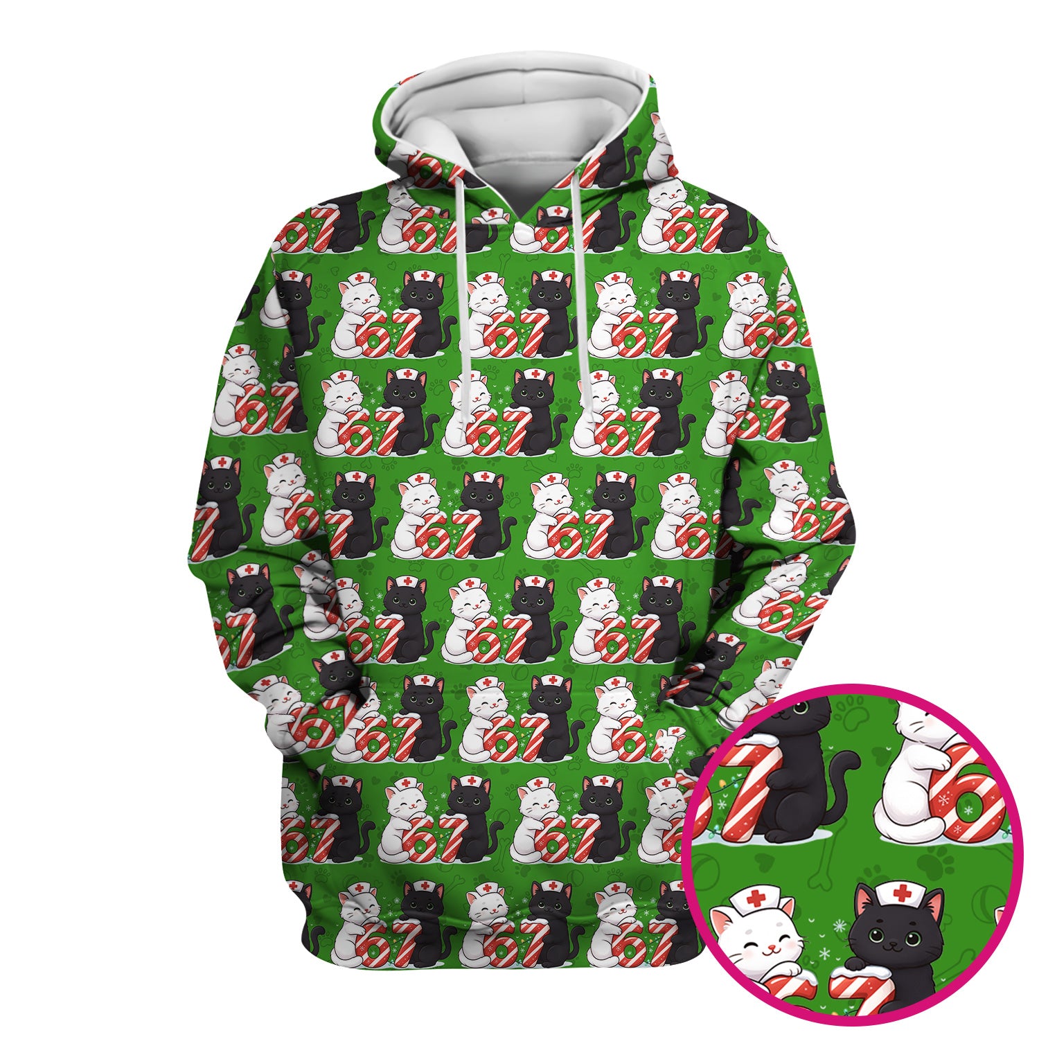 Xmas Cat Pattern Scrub Top, Christmas Nurse Six Seven With Cat Scrub Shirt, Breathable Fabrics Nursing Uniform