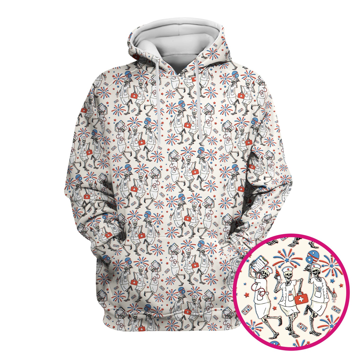 Funny Skeleton Nurse Patriotic Print Scrub Top, Halloween USA Fireworks Nursing Uniform for Women