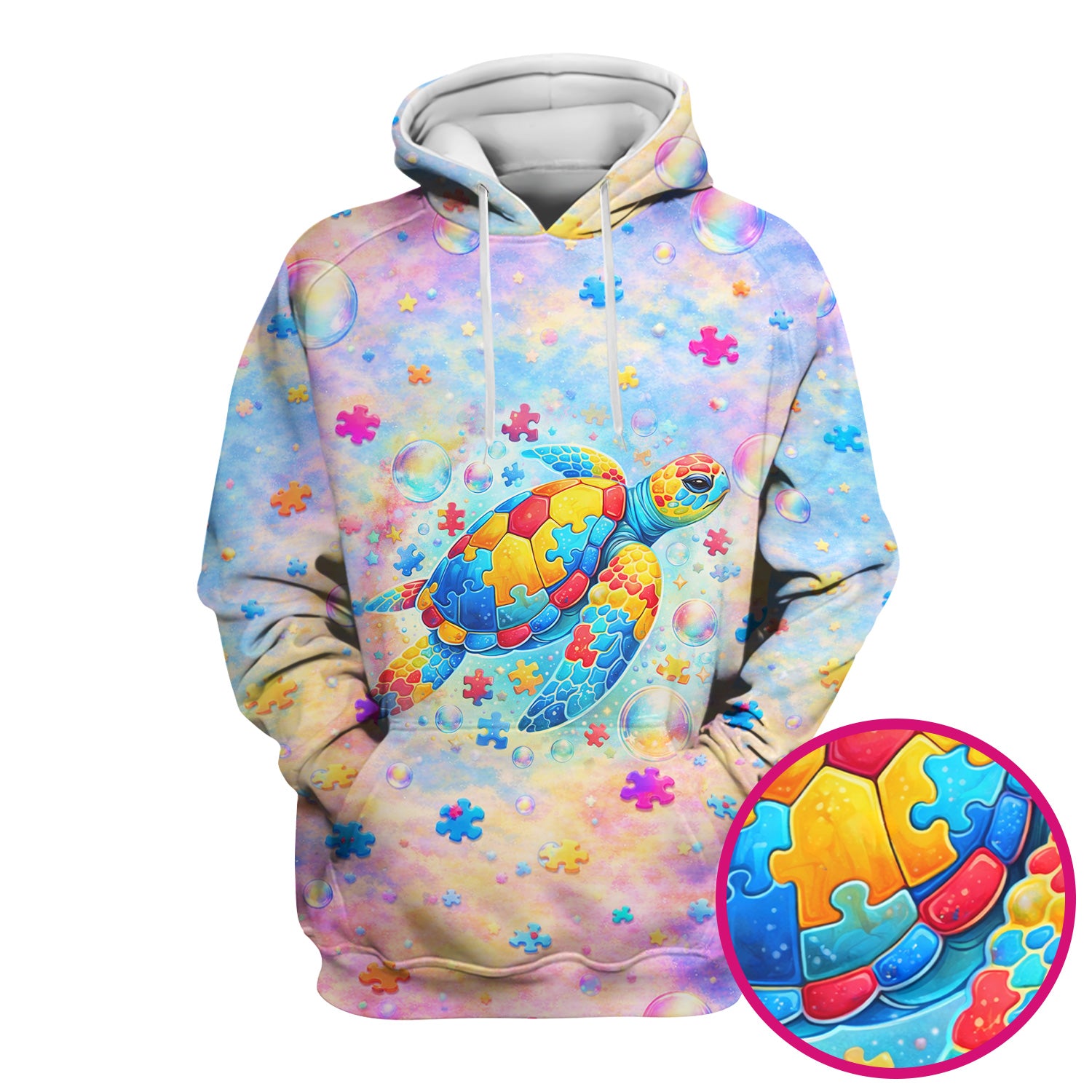 Autism Puzzle Sea Turtle Pastel Rainbow Print Scrub Top, Comfortable Scrubs for Nurses