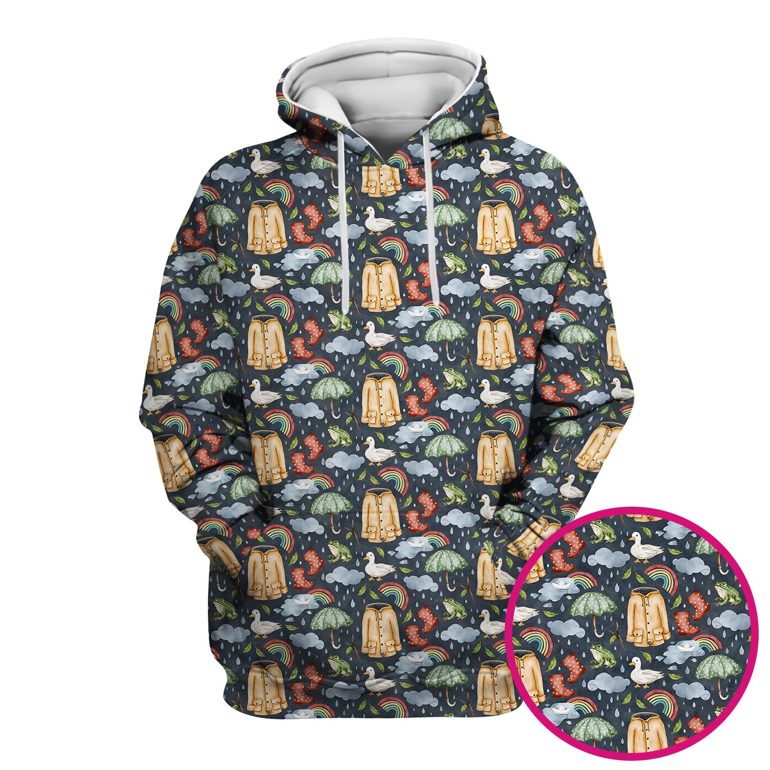 Cute Rainy Day Ducks & Frog Rainbow Pattern Scrub Top, Colorful Gothic Nurse Scrubs Uniform