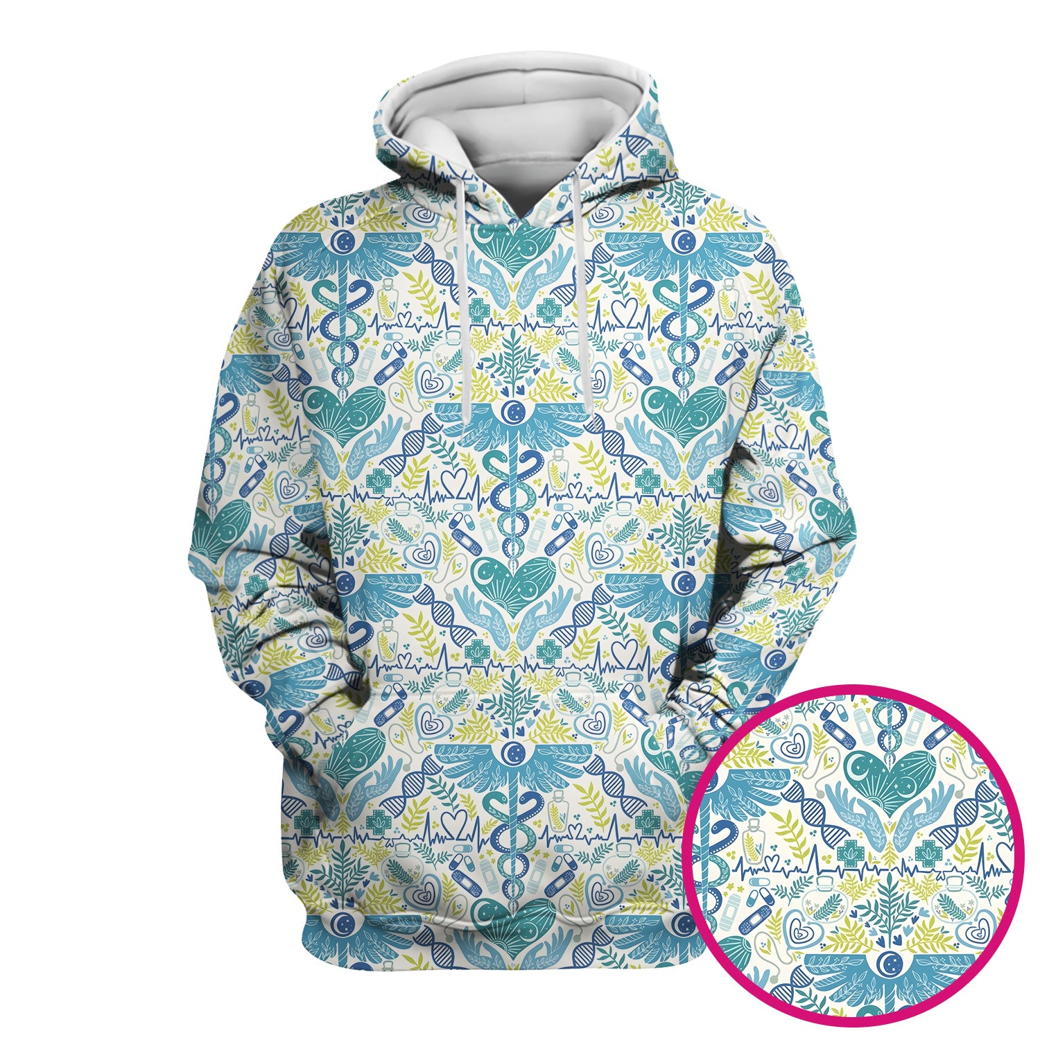 Inspirational Botanical Medical Caduceus Heart Nurse Pattern Scrub Top, Breathable Fabrics Nursing Uniform