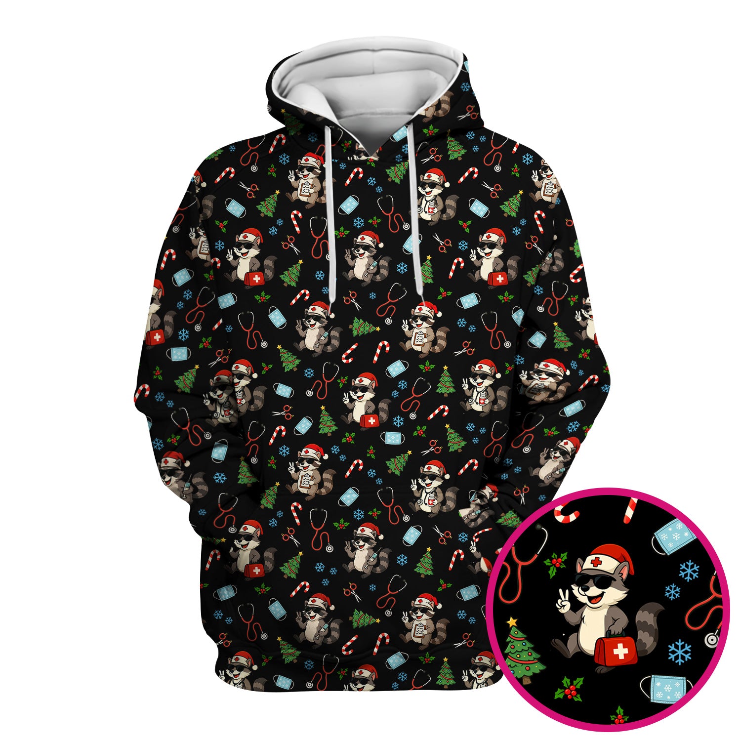 Cute Raccoon Christmas Scrub Top - Santa Hat and Stethoscope Pattern Nurse Scrubs - Funny Holiday Medical Shirt Gift for RN CNA LPN