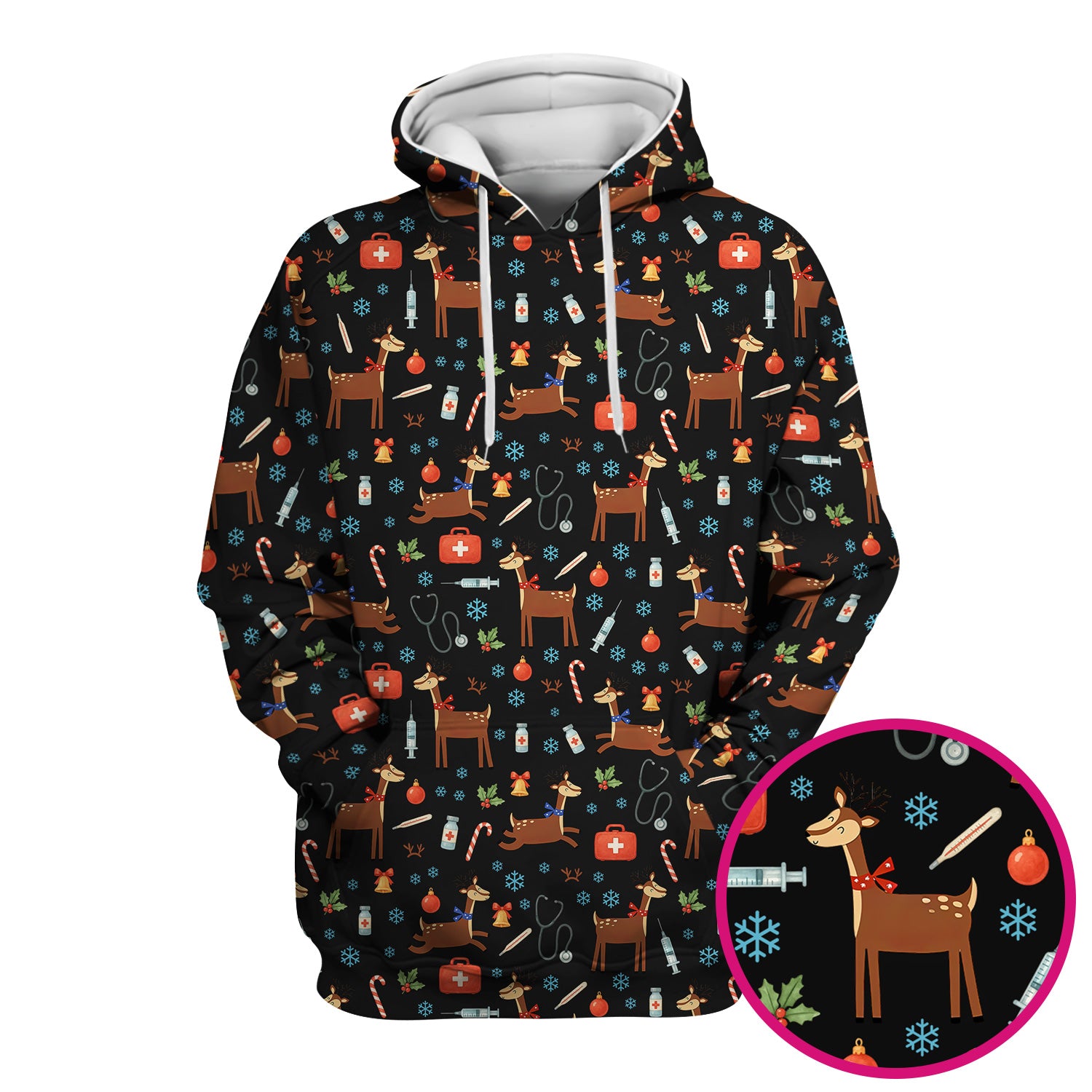Christmas Reindeer Scrub Top for Nurses - Cute Reindeers Snowflakes Candy Canes Shirt - Comfortable Med Uniform