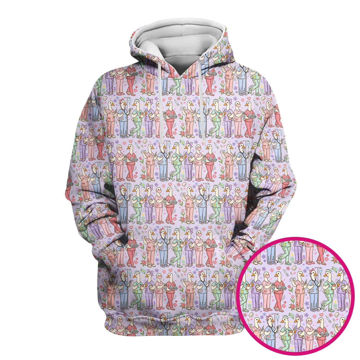 Goose Characters Floral Medical Team Uniform Pattern Scrub Top, Breathable Fabrics Nursing Uniform