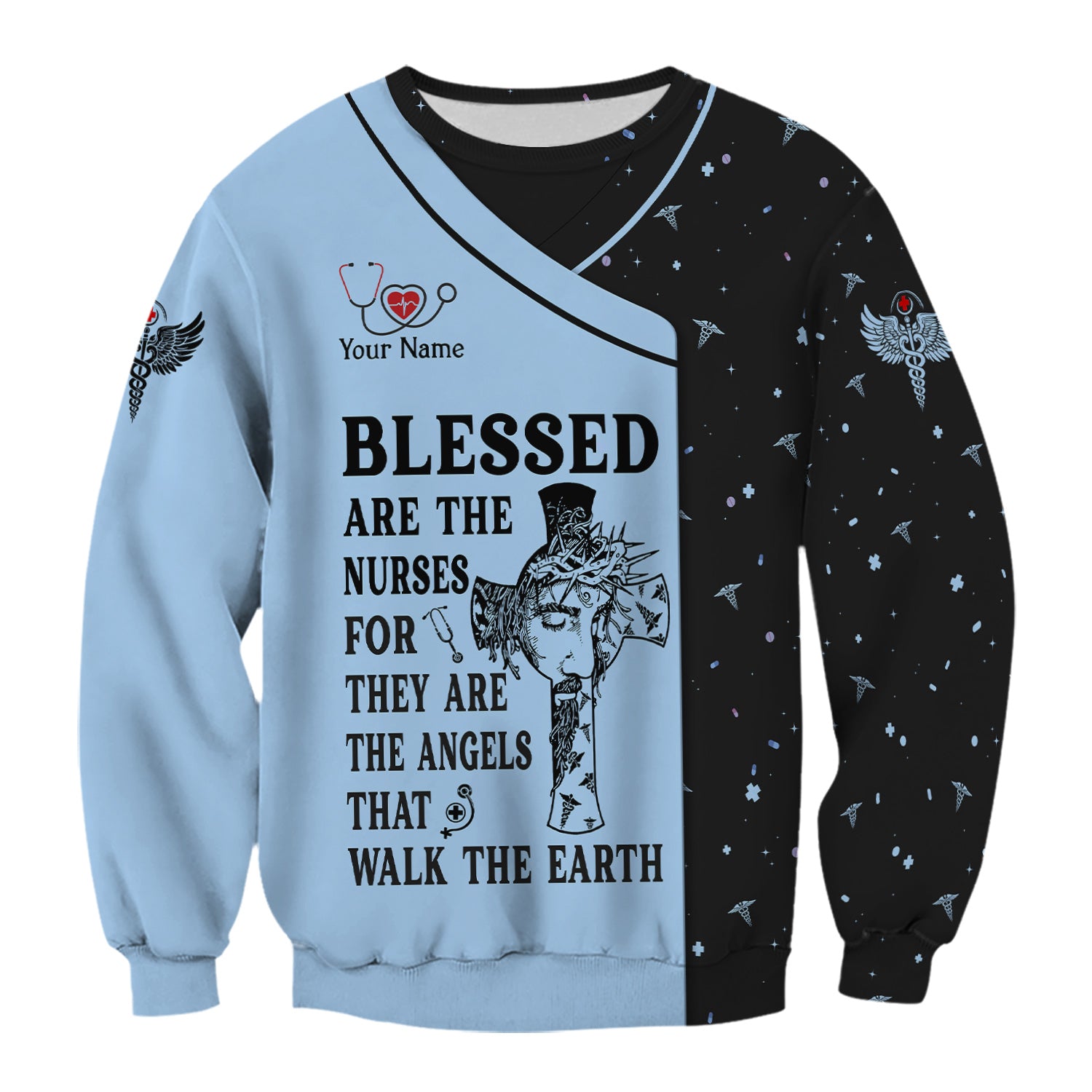 Personalized Christian Nurse Scrub Top - Jesus Cross & Angels That Walk The Earth Quote - Gift for Women RN LPN