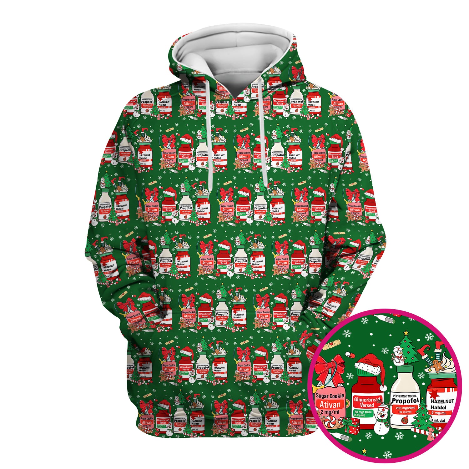 Funny Christmas Medication Scrub Top – Festive Holiday Pharma Bottles Pattern – Playful Medical Uniform for Nurses, Pharmacists & Healthcare Workers