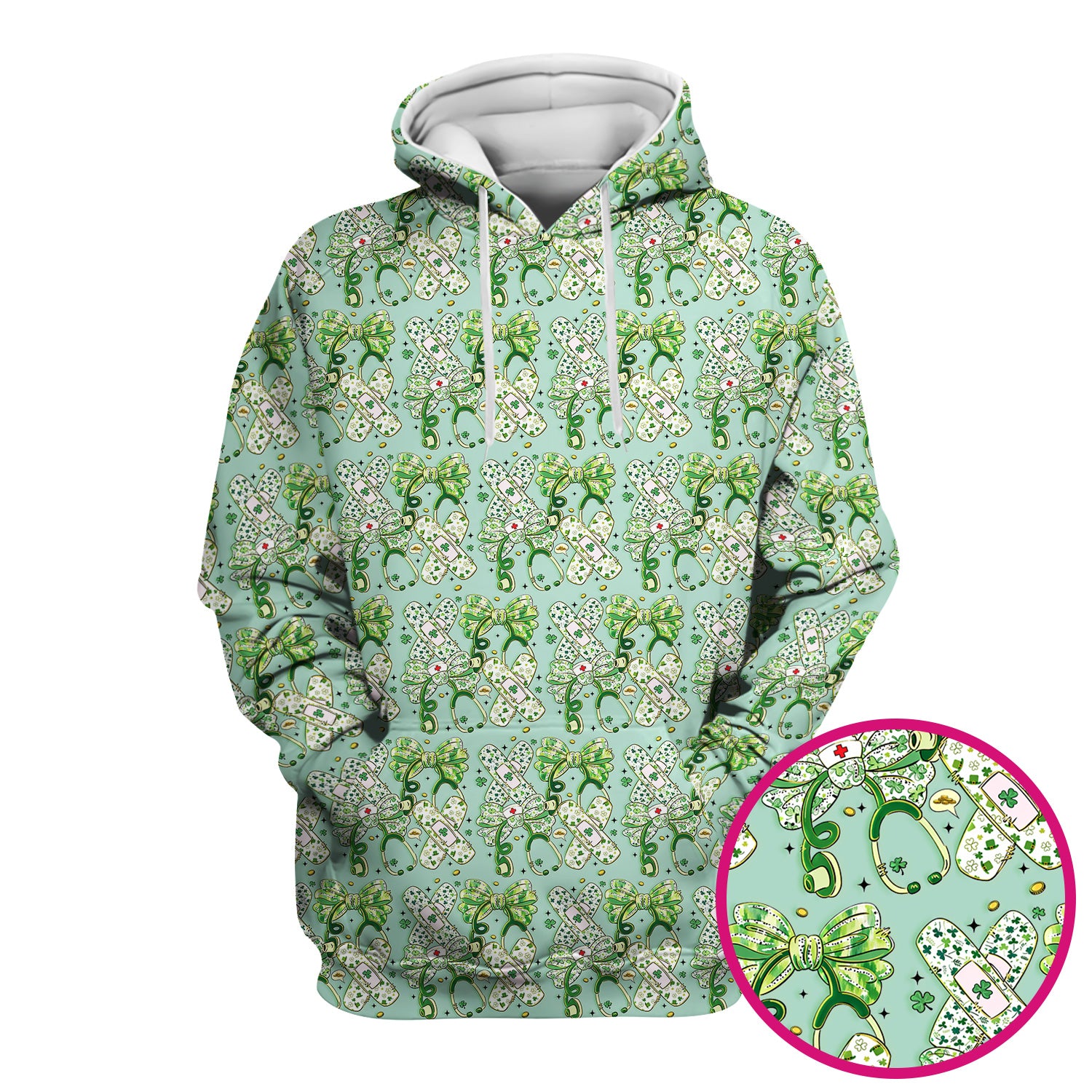 St Patrick Shamrock Stethoscope Bow Print Scrub Top, Breathable Fabrics Nursing Uniform
