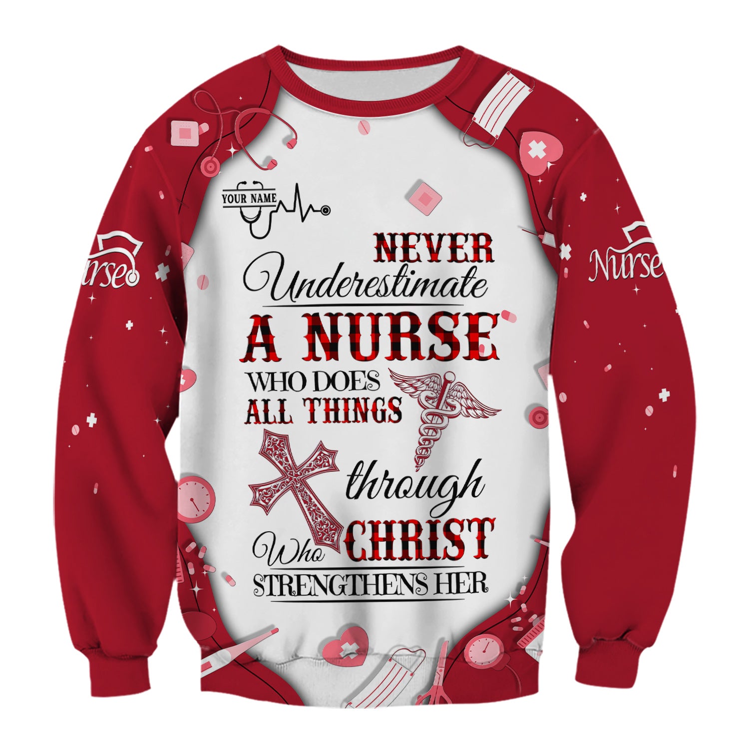 Faith-Based Personalized Nursing Scrub for Women - Bible Verse All Things Through Christ - Gift for RN, LPN, CNA Healthcare Professionals