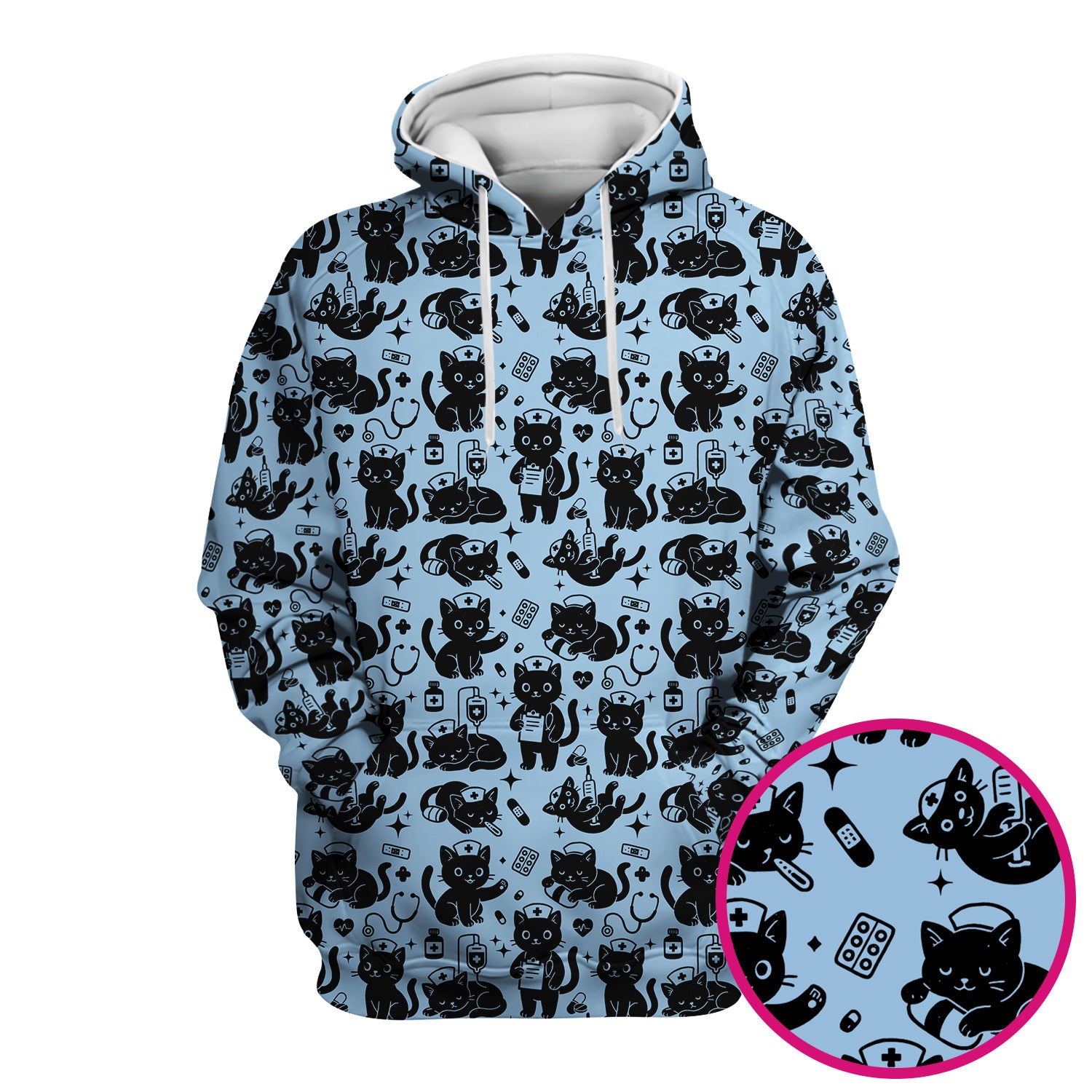 Cute Black Cat Nurse Pattern Scrub Top, Breathable Fabrics Nursing Uniform