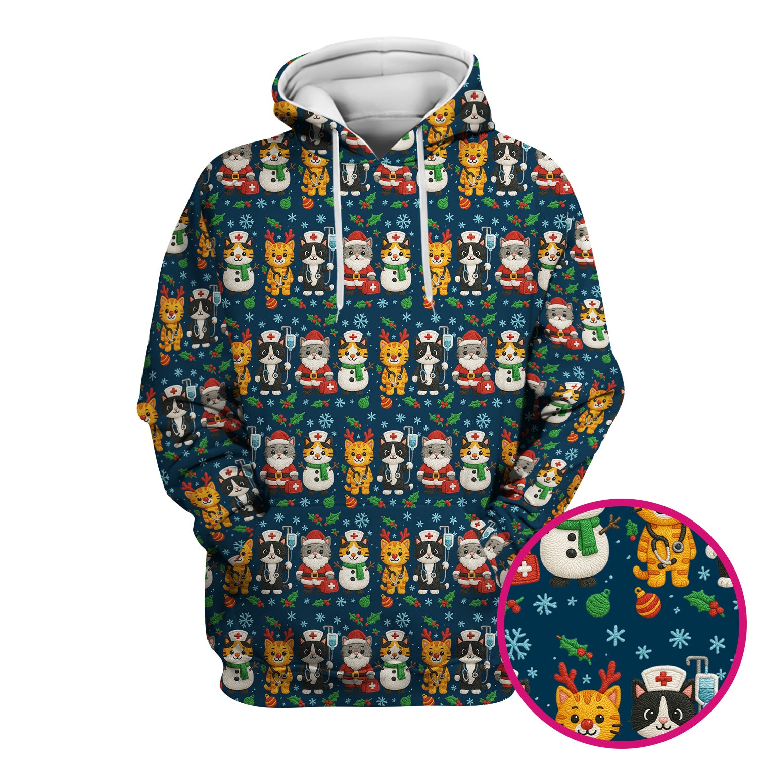 Christmas Cat Nurse Pattern Scrub Top, Cute Holiday Kitty Medical Uniform Shirt For Nursing