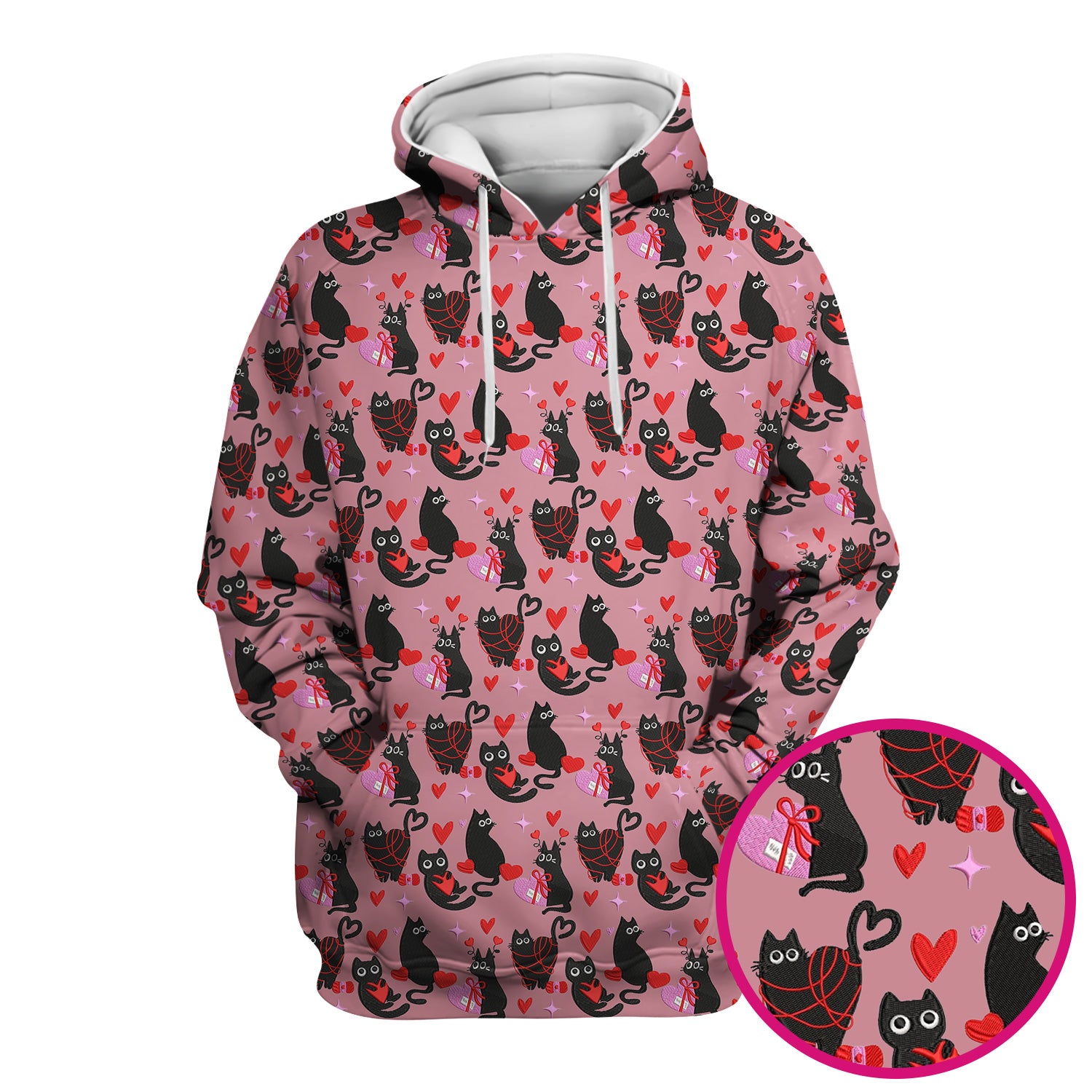 Valentine’s Day Scrub Top, Cute Black Cat With Heart Pattern Nurse Shirt, Breathable Fabrics Nursing Uniform