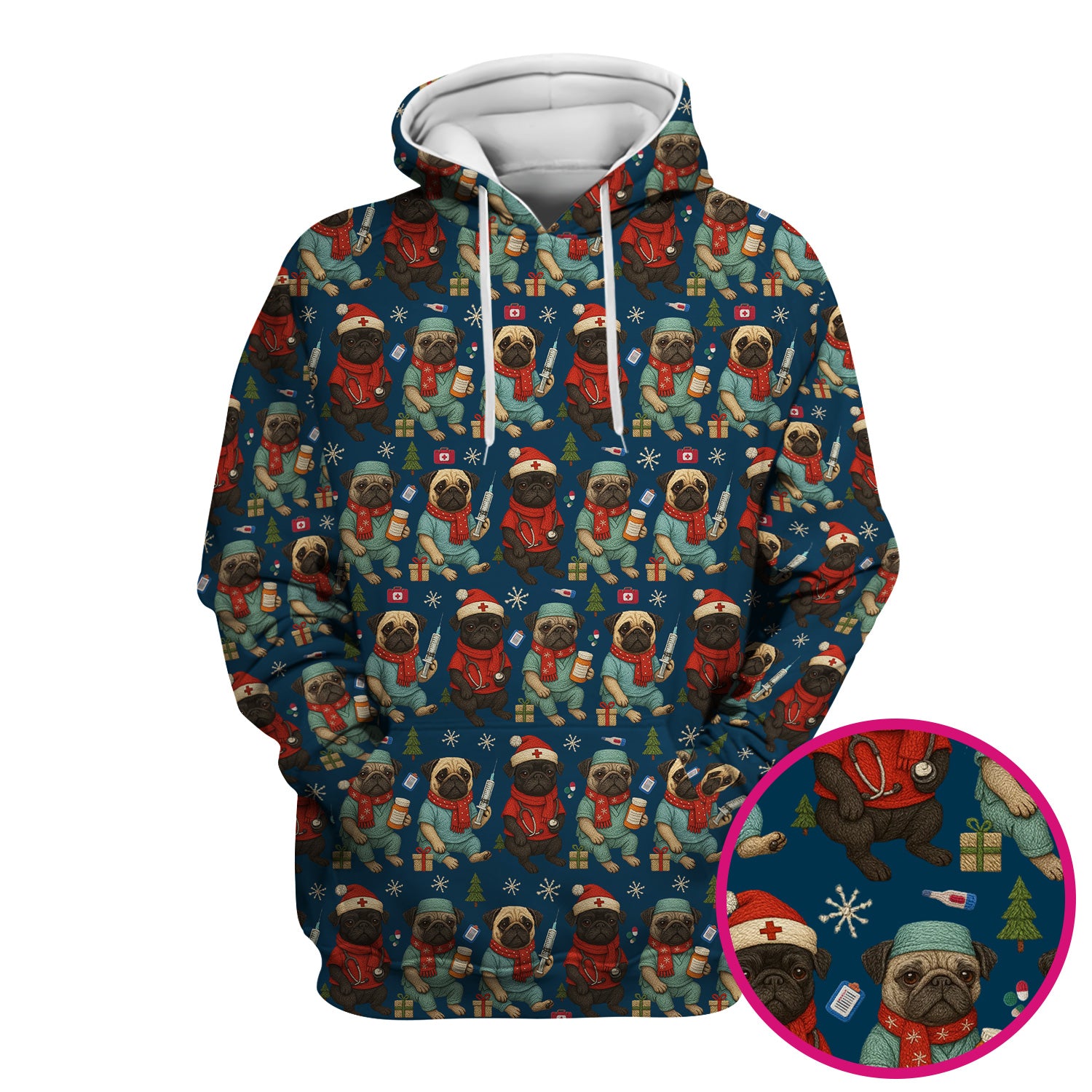 Christmas Pug Nurse Scrub Top, Cute Holiday Dog Medical Uniform Shirt For Nursing