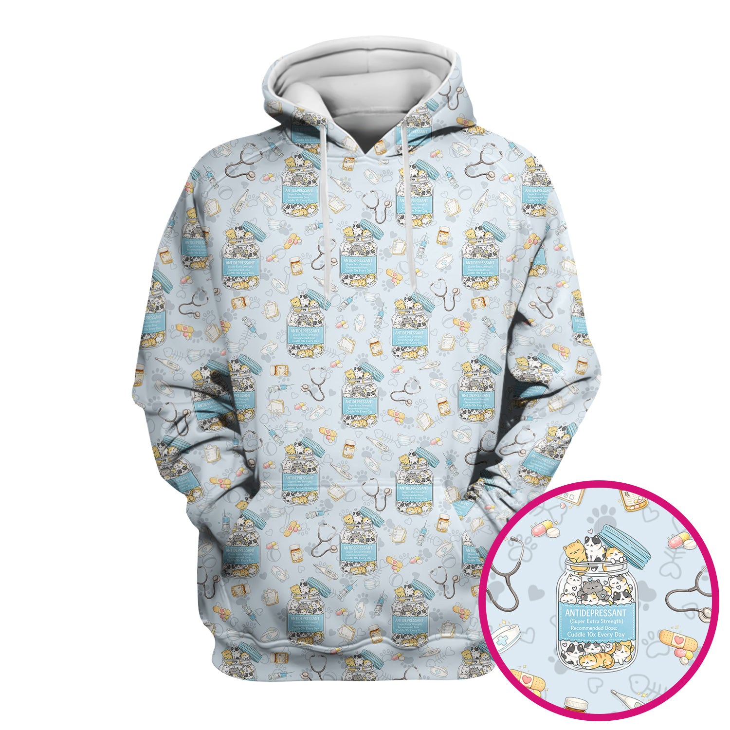 Cute Antidepressant Cat Jar Print Nurse Scrub Top, Breathable Fabrics Nursing Uniform