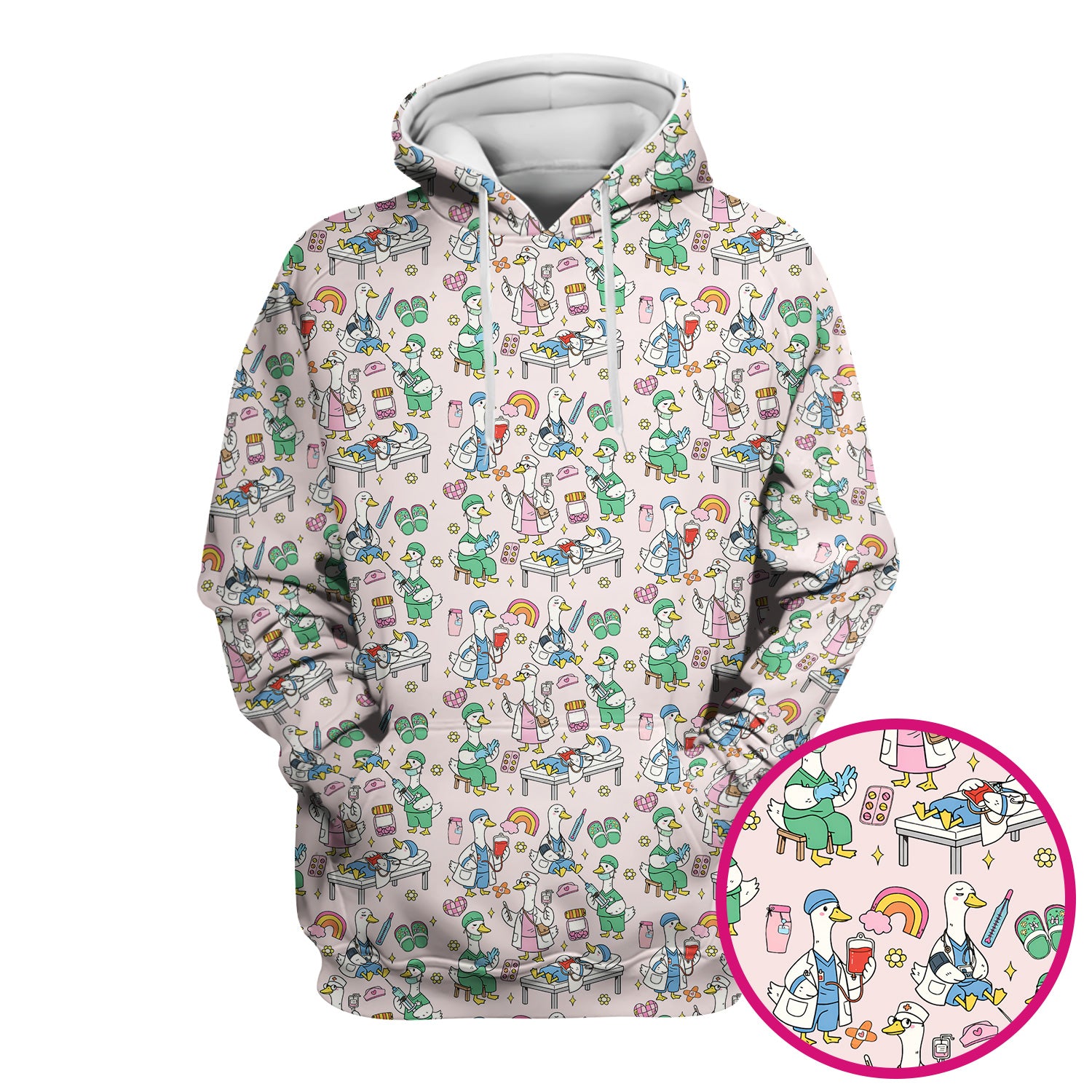 Funny Nurse Duck Medical Doodle Pattern Scrub Top, Comfortable Nurse Workwear Top
