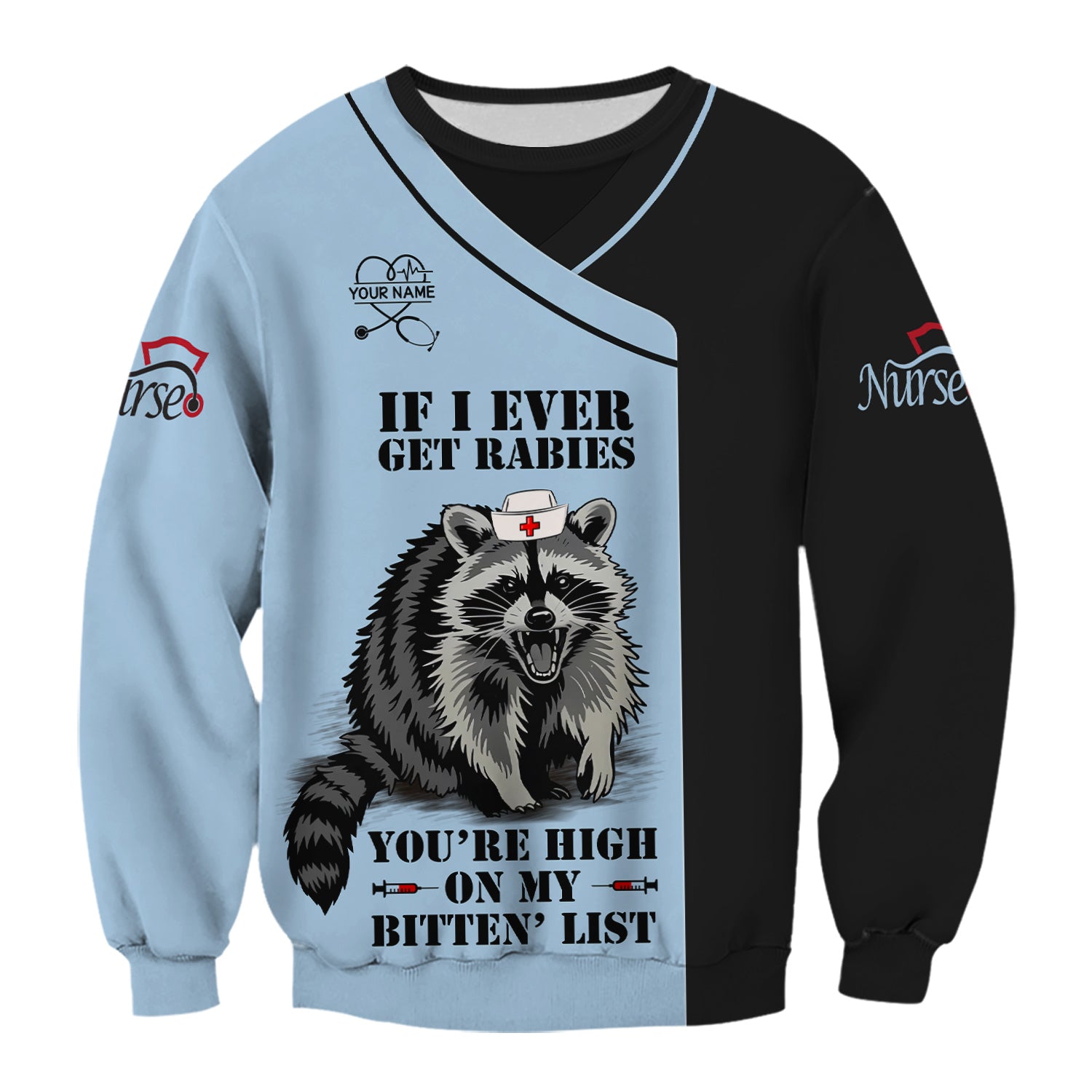 Personalized Funny Nurse Scrub Top with Raccoon - You're High On My Bitten List - Gift for RN LPN CNA Women