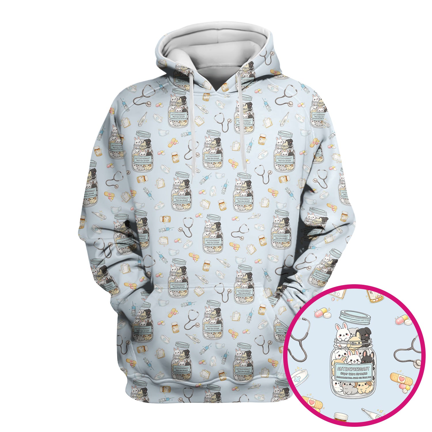 Whimsical Antidepressant Rabbit Jar Design Nurse Scrub Top, Soft & Breathable Workwear