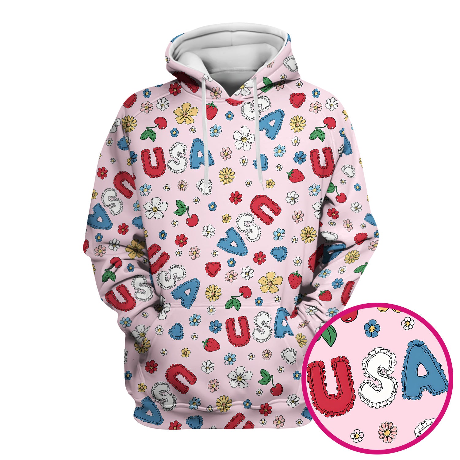 USA Cherry Strawberry Floral Patch Pattern Scrub Top, Comfortable Scrubs for Nurses