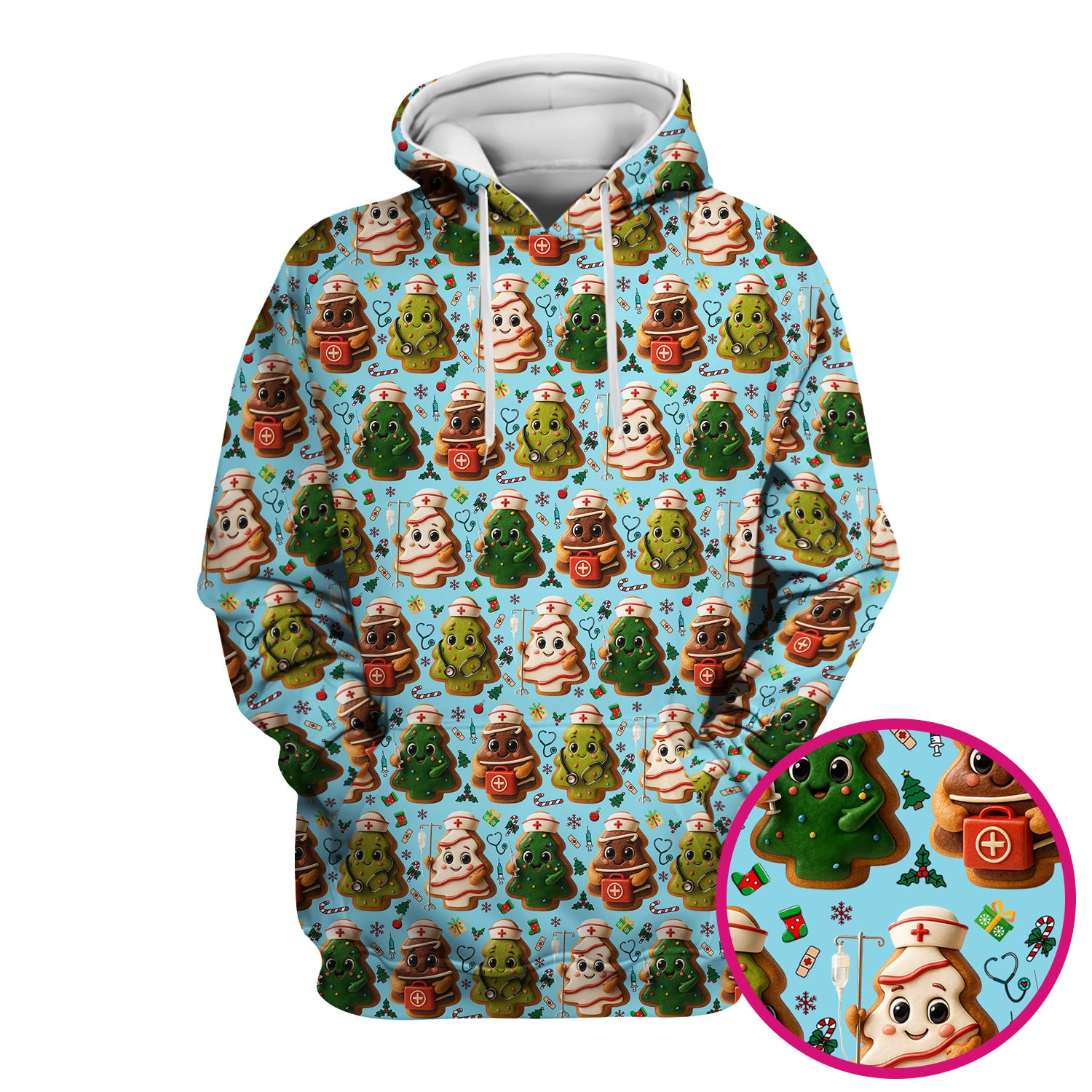 Christmas Cookie Scrub Top – Festive Nurse & Holiday Tree Pattern – Cute Medical Uniform for Nurses, Vets and Healthcare Workers