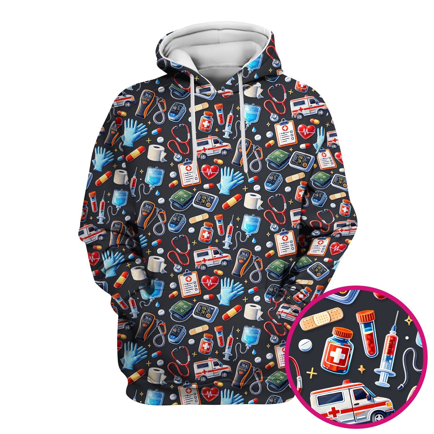 Medical Tools Pattern Ambulance Stethoscope Scrub Top, Comfortable Scrubs for Nurses