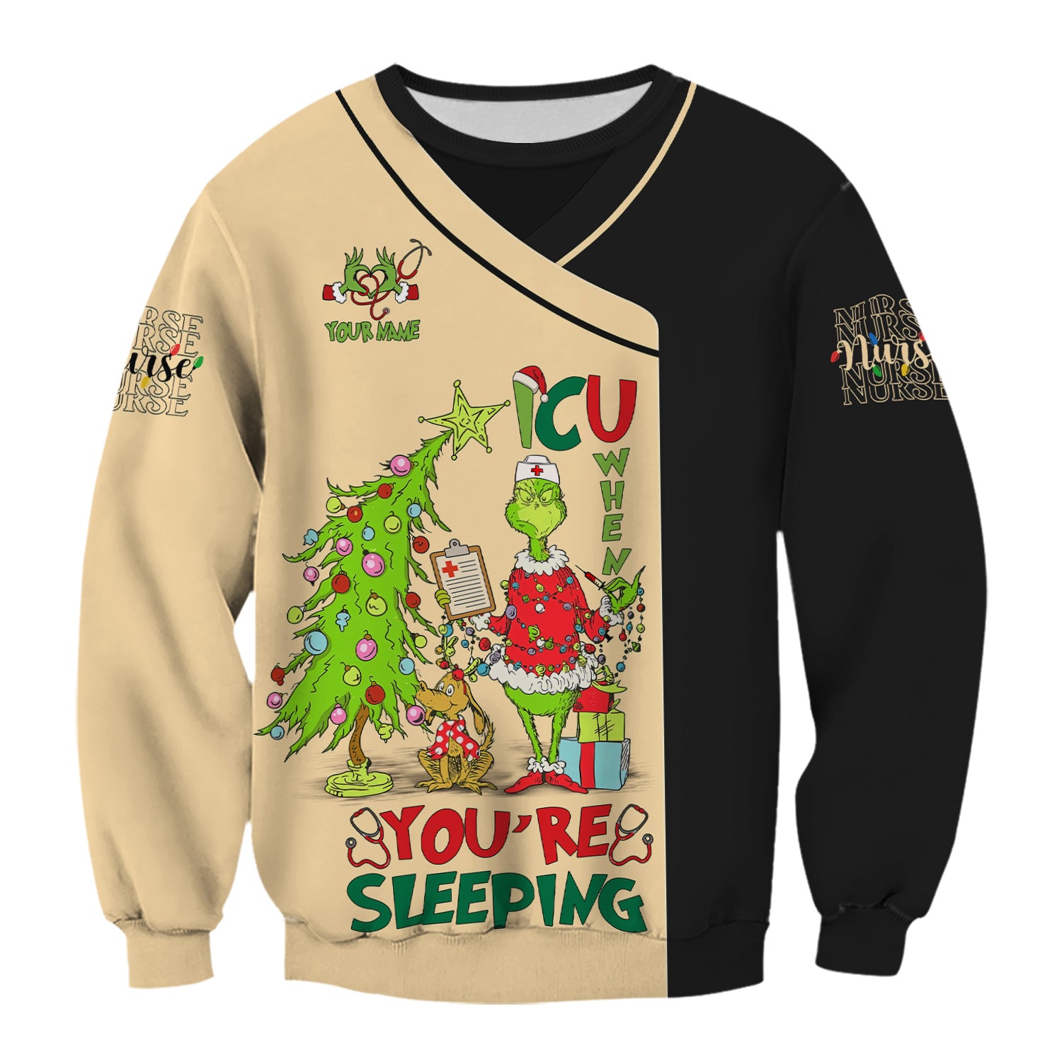 Custom Name Christmas Nurse Scrub - Grinch ICU When You’re Sleeping - LPN CNA RN Gift