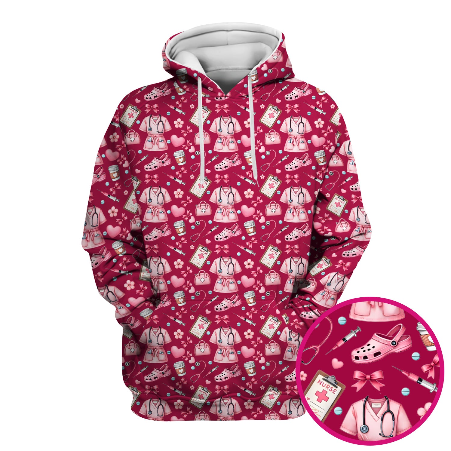Valentine Pink Nurse Icons Print Scrub Top, Comfortable Scrubs for Nurses