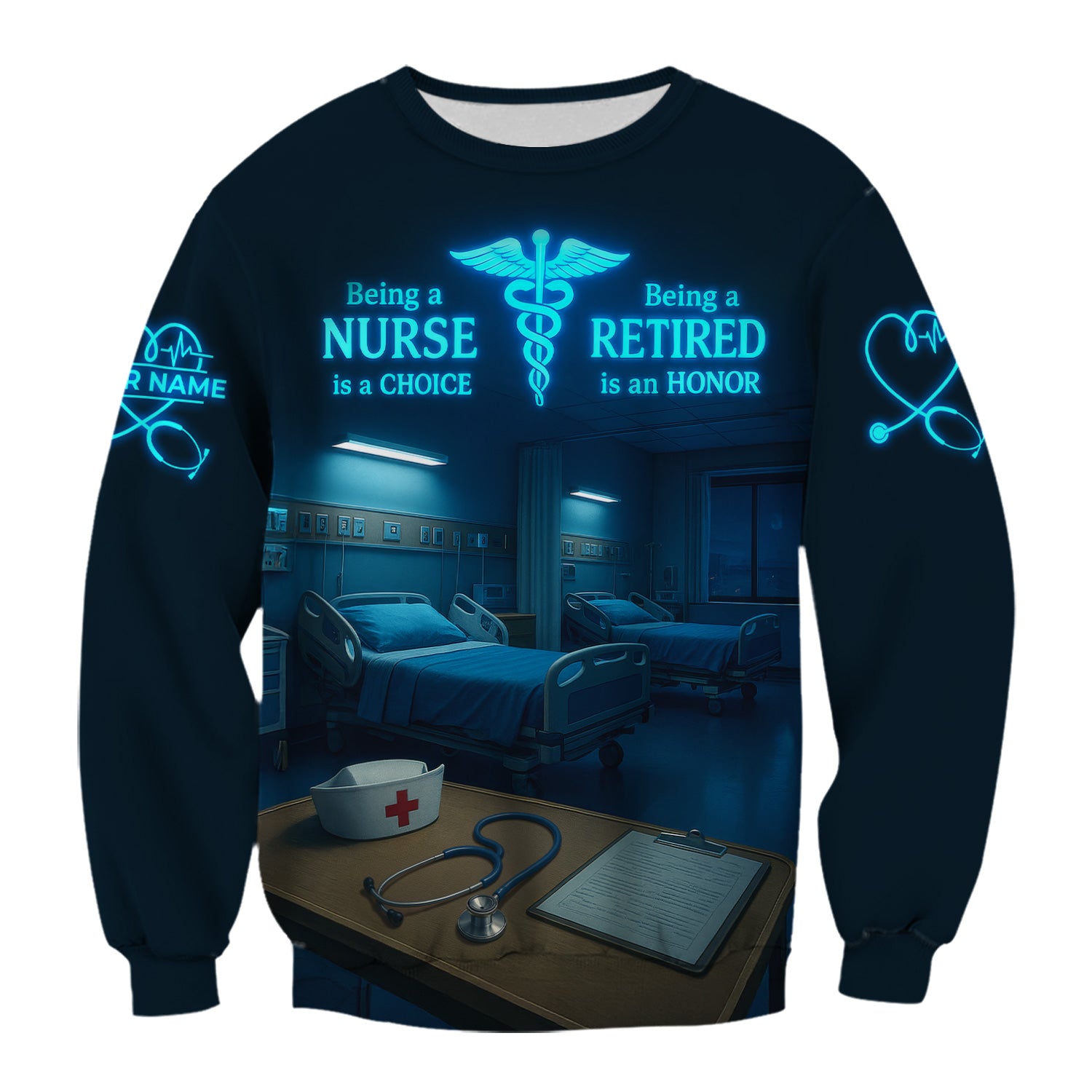 Personalized Nurse Scrub for Retired RN LPN CNA - Neon Glow Hospital Room Design - Thoughtful Retirement Gift for Medical Staff
