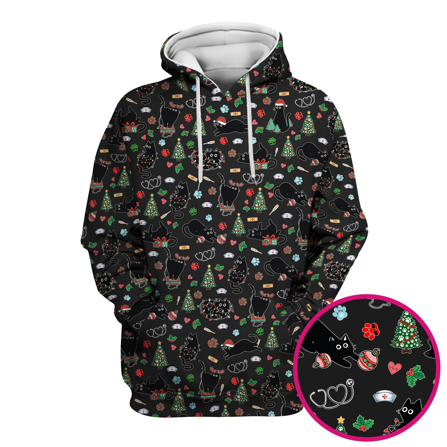 Black Cat Christmas Nurse Scrub Top, Festive Kitty Medical Uniform Shirt for Women