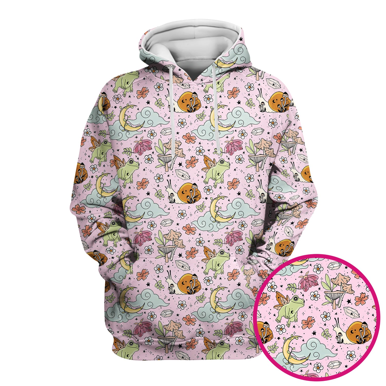 Whimsical Frog Moon Mushroom Pattern Scrub Top, Fantasy Nature Print, Breathable Fabrics Nursing Uniform