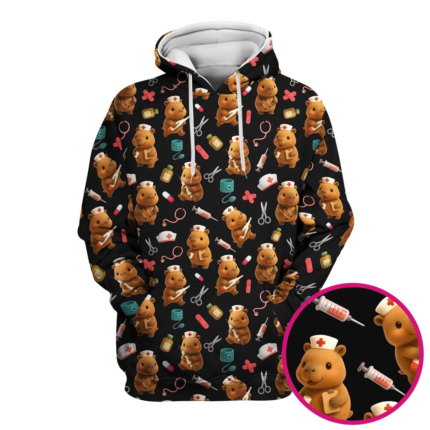 Funny Bear Scrub Top for Women - Nurse Hat and Syringe Pattern Medical Scrubs - Cute Teddy Nurse Shirt Gift for RN CNA LPN