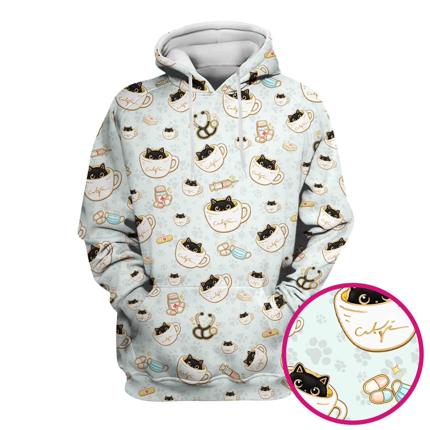 Cute Coffee Cat Medical Print Scrub Top, Breathable Fabrics Nursing Uniform