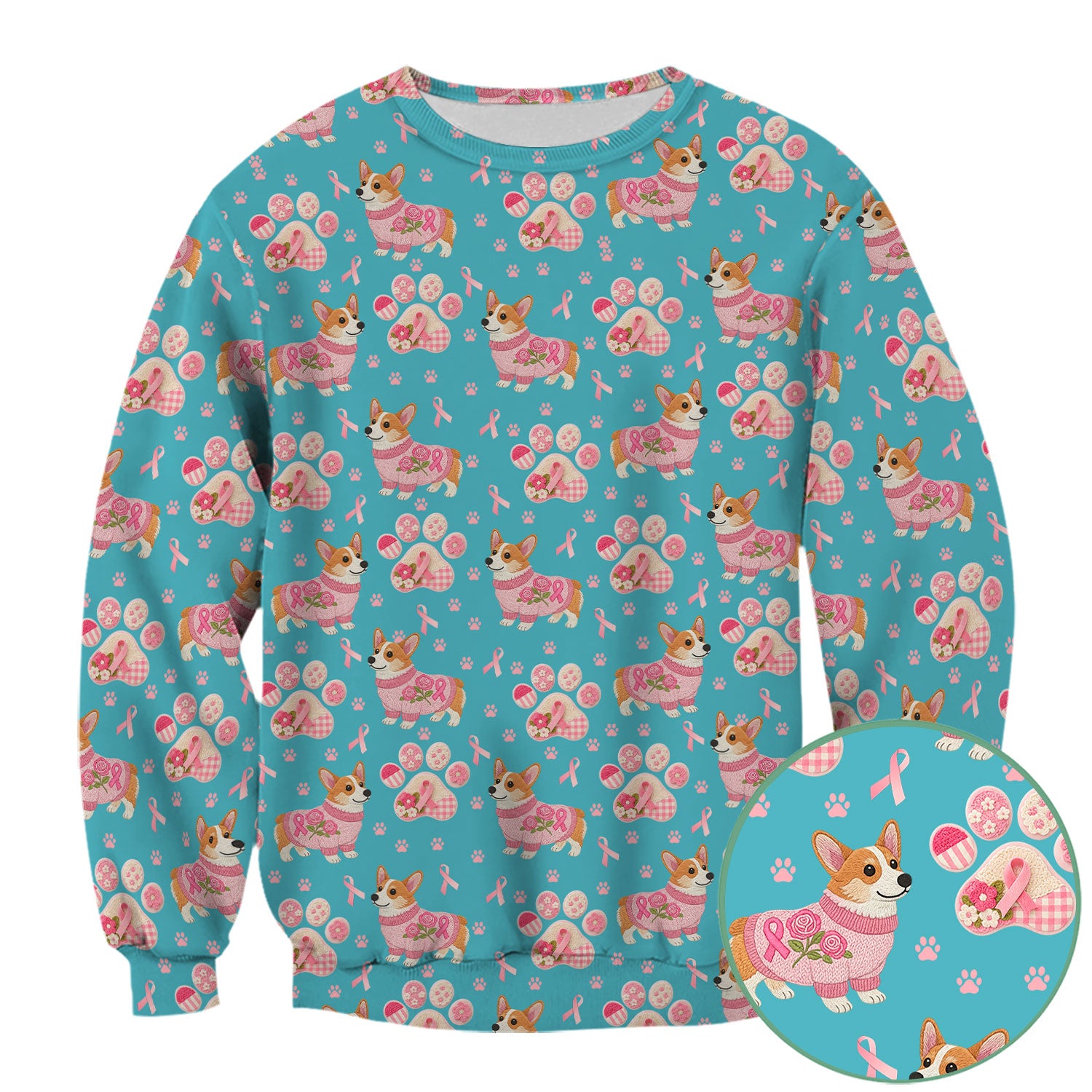 Floral Corgi Scrub Top for Women - Cute Dog Paw Print with Pink Ribbon Shirt - Breast Cancer Awareness October Gift