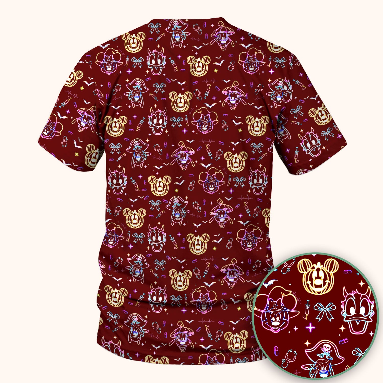 Neon Mouse Halloween Scrub Top for Nurses - Spooky Faces and Scary Pumpkin Shirt - Funny Med Uniform Gift for Women