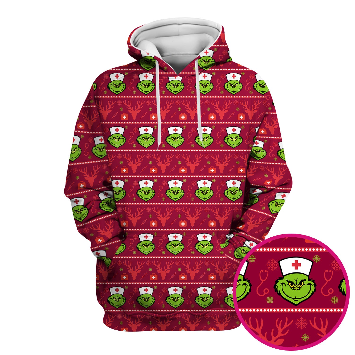 Funny Grinch Nurse Scrubs Top - Ugly Christmas Sweater Style Scrub Shirt - Holiday Nursing Workwear for Women