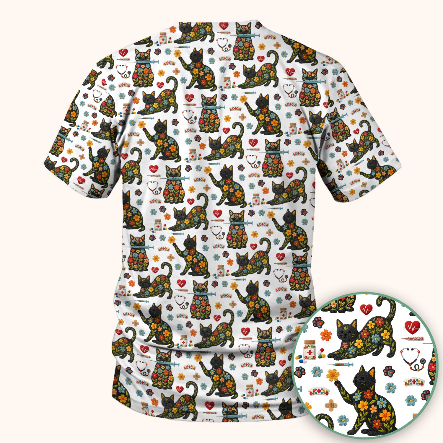Floral Black Cat Pattern Scrub Top, Cute Cat Nurse Scrub Shirt, Medical Nursing Uniform