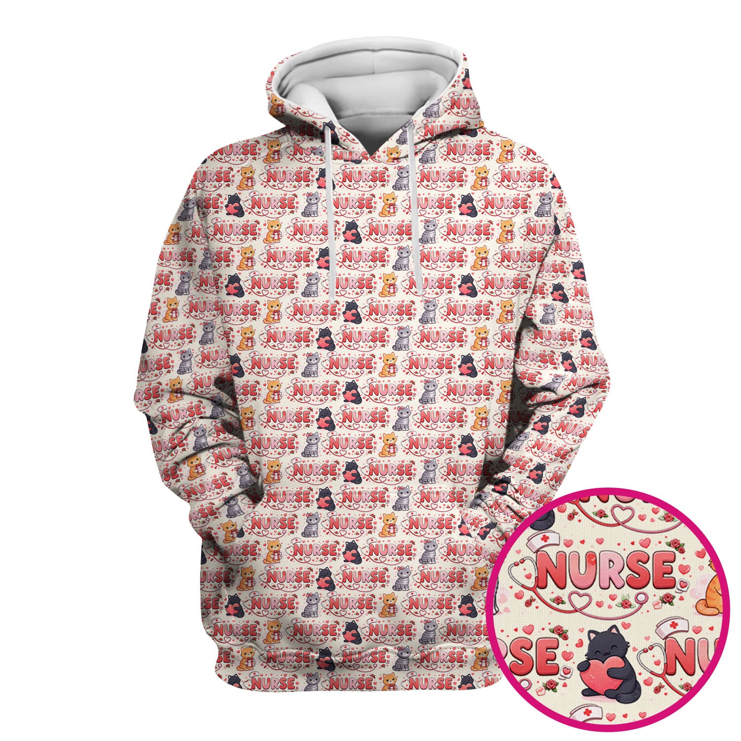 Nurse Cat Heart Pattern Valentine Scrub Top, Comfortable Scrubs for Nurses