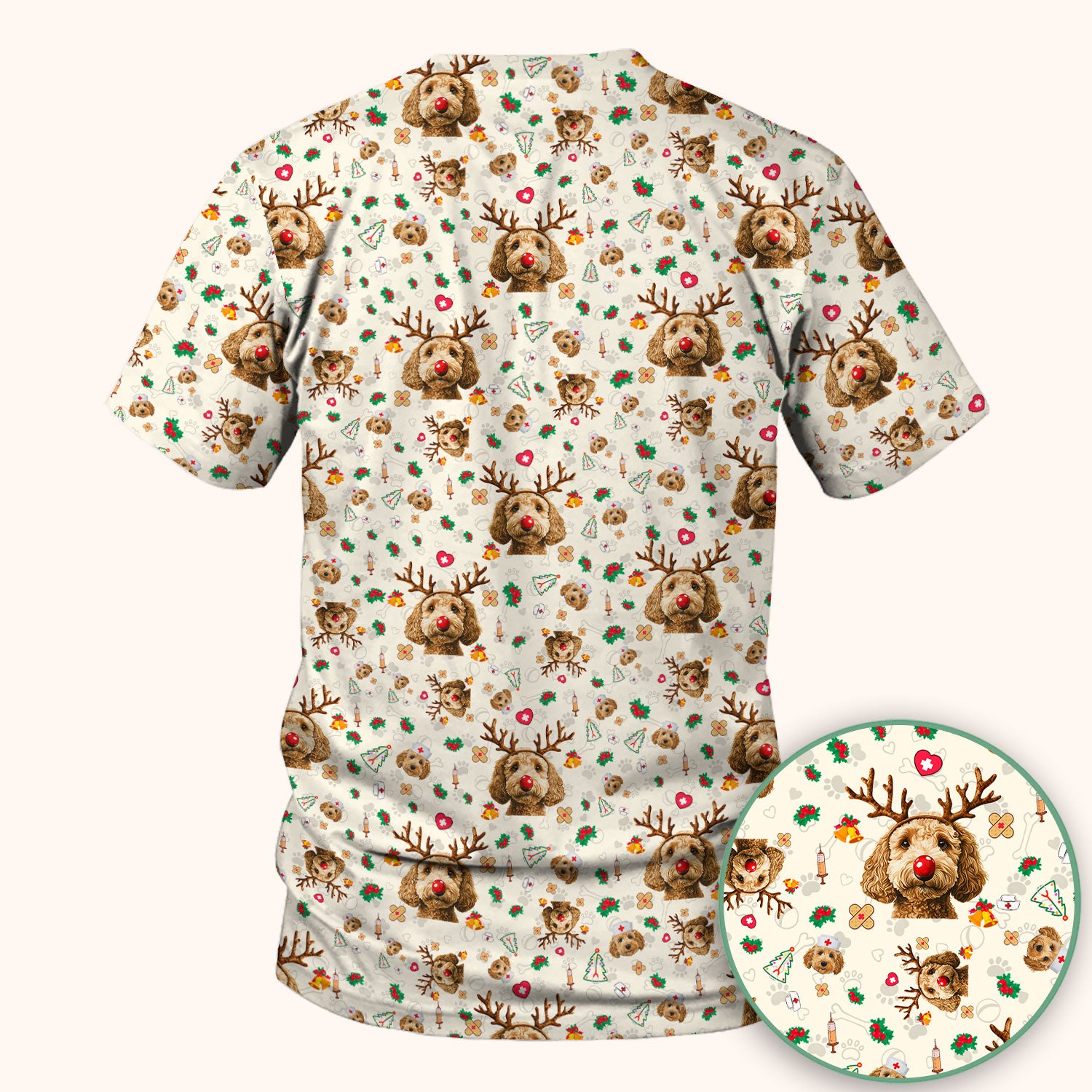 Labradoodle Reindeer Christmas Scrub Top - Funny Dog Nurse Shirt - Cute Holiday Medical Uniform for Women RN LPN CNA Gift